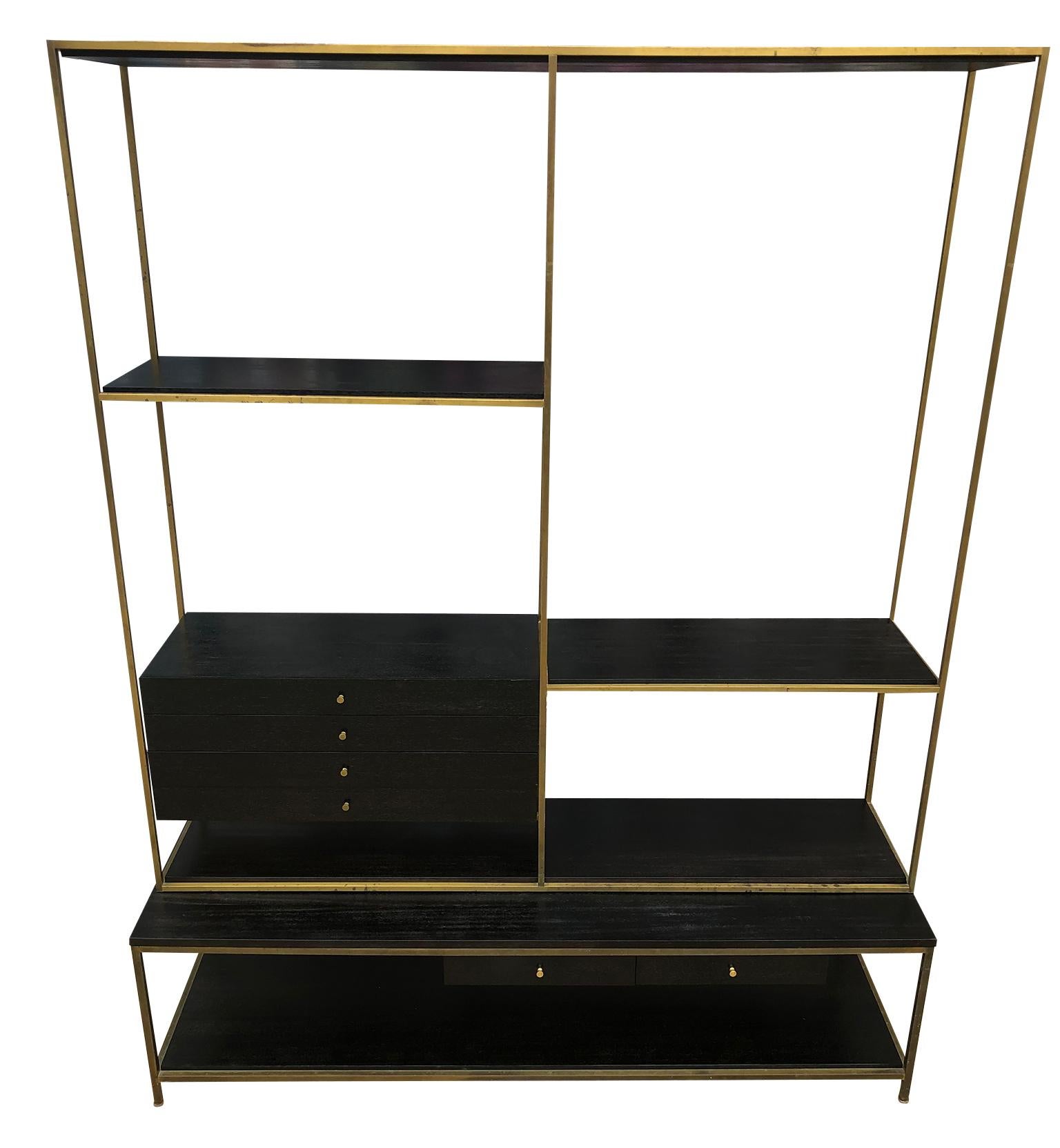 Midcentury American designer Paul McCobb freestanding brass room divider for Calvin. Units #7905 & #9305 with black lacquer finish. This unit is in Beautiful vintage condition - Has (4) upper drawers and (2) lower drawers - All mahogany with a Black