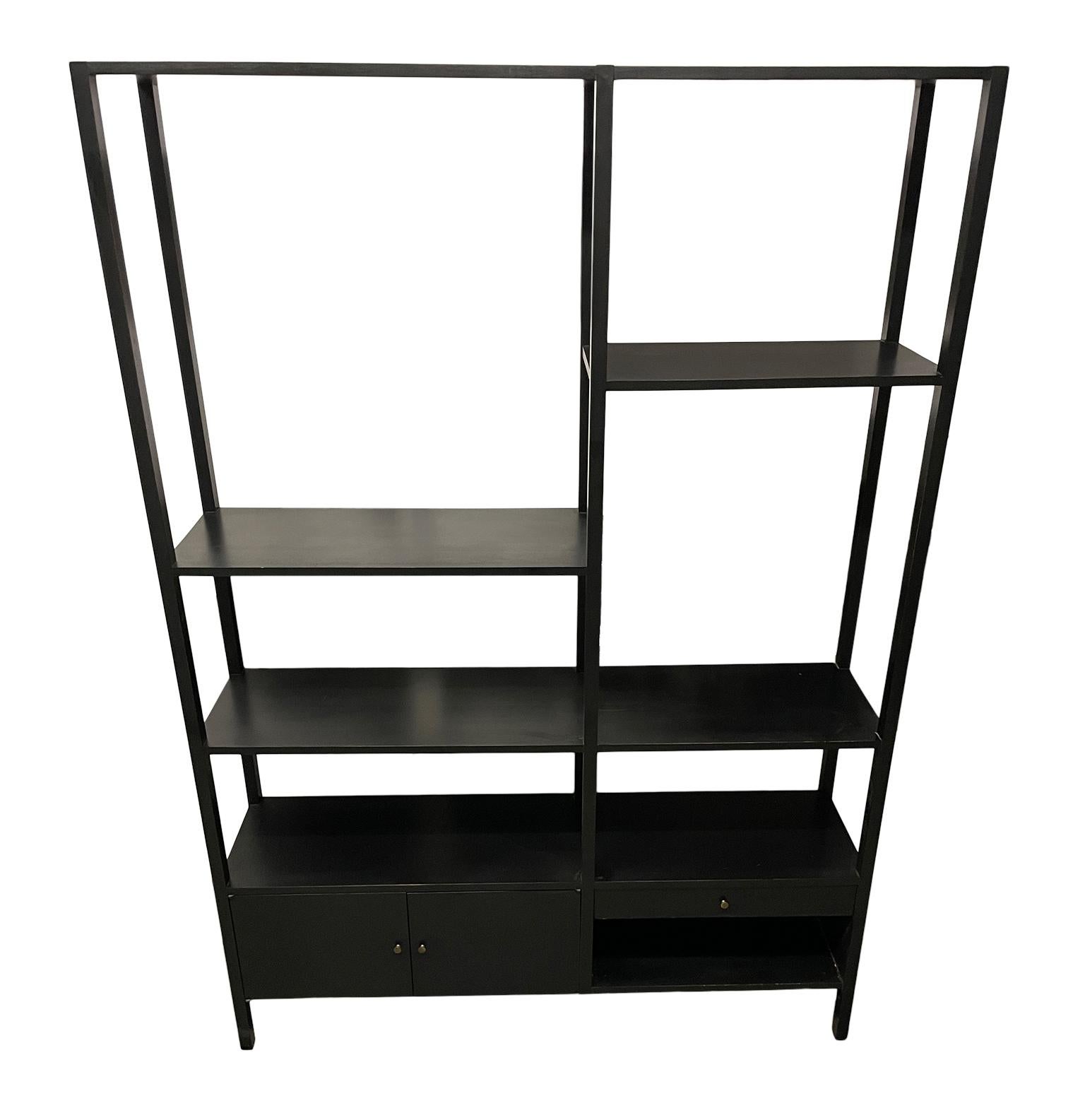Midcentury American designer Paul McCobb freestanding black lacquer room divider for Planner Group. Unit black lacquer finish. This unit is in Beautiful vintage condition - Has lower cabinet and (2) lower drawers - all maple with an original black