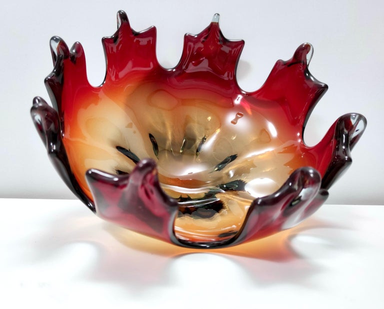 Stunning Midcentury Red and Orange Murano Glass Bowl or Centerpiece, Italy For Sale 2