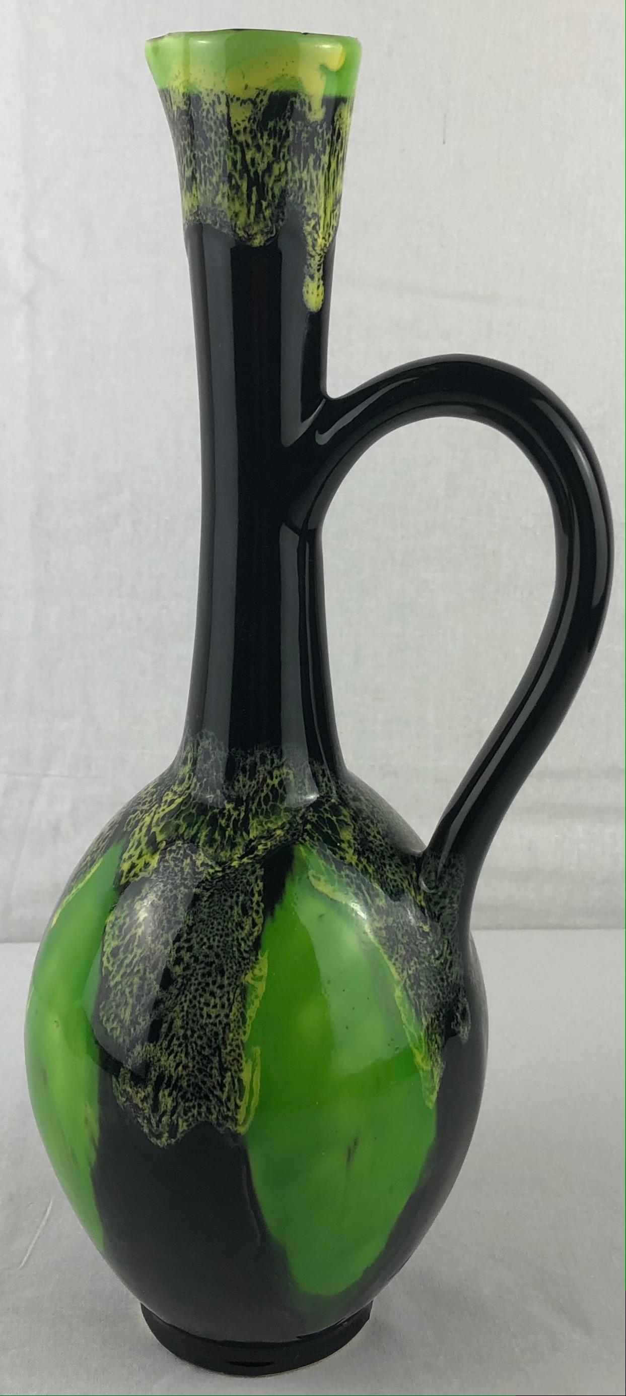 Glazed French Midcentury Flower Vase from Vallauris France, Green and Black For Sale