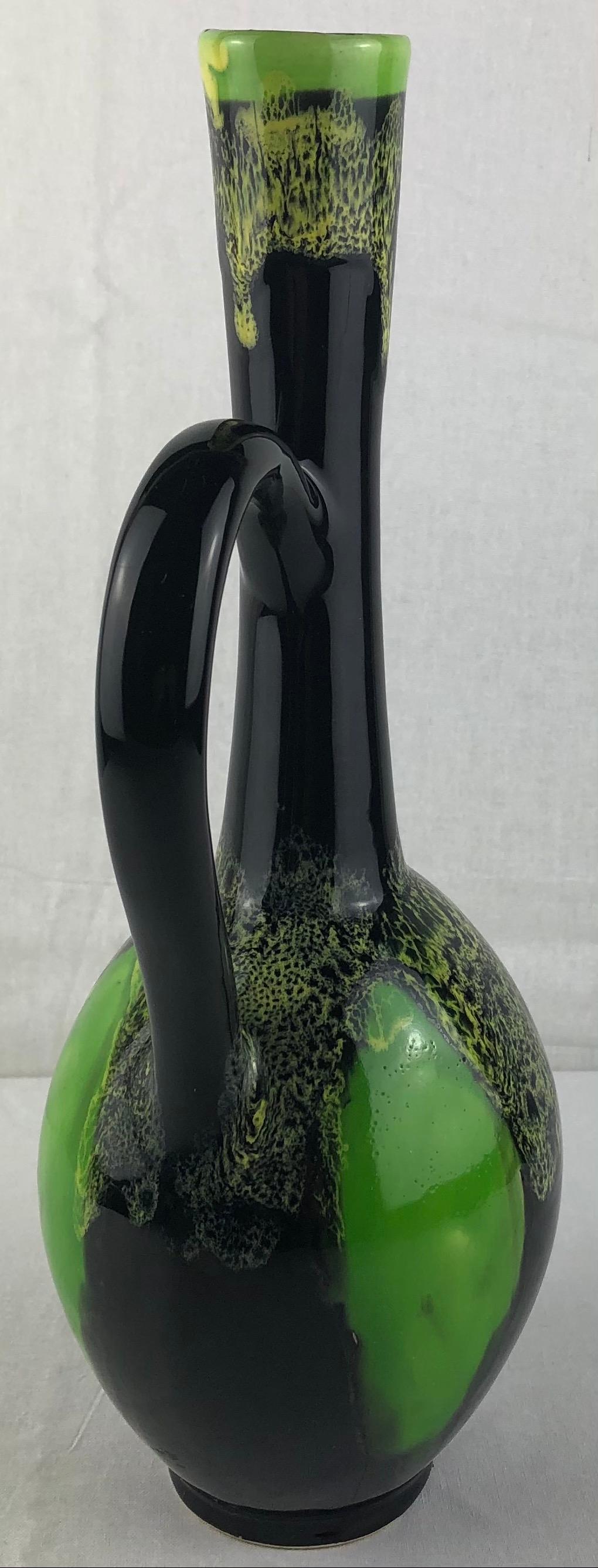 20th Century French Midcentury Flower Vase from Vallauris France, Green and Black For Sale