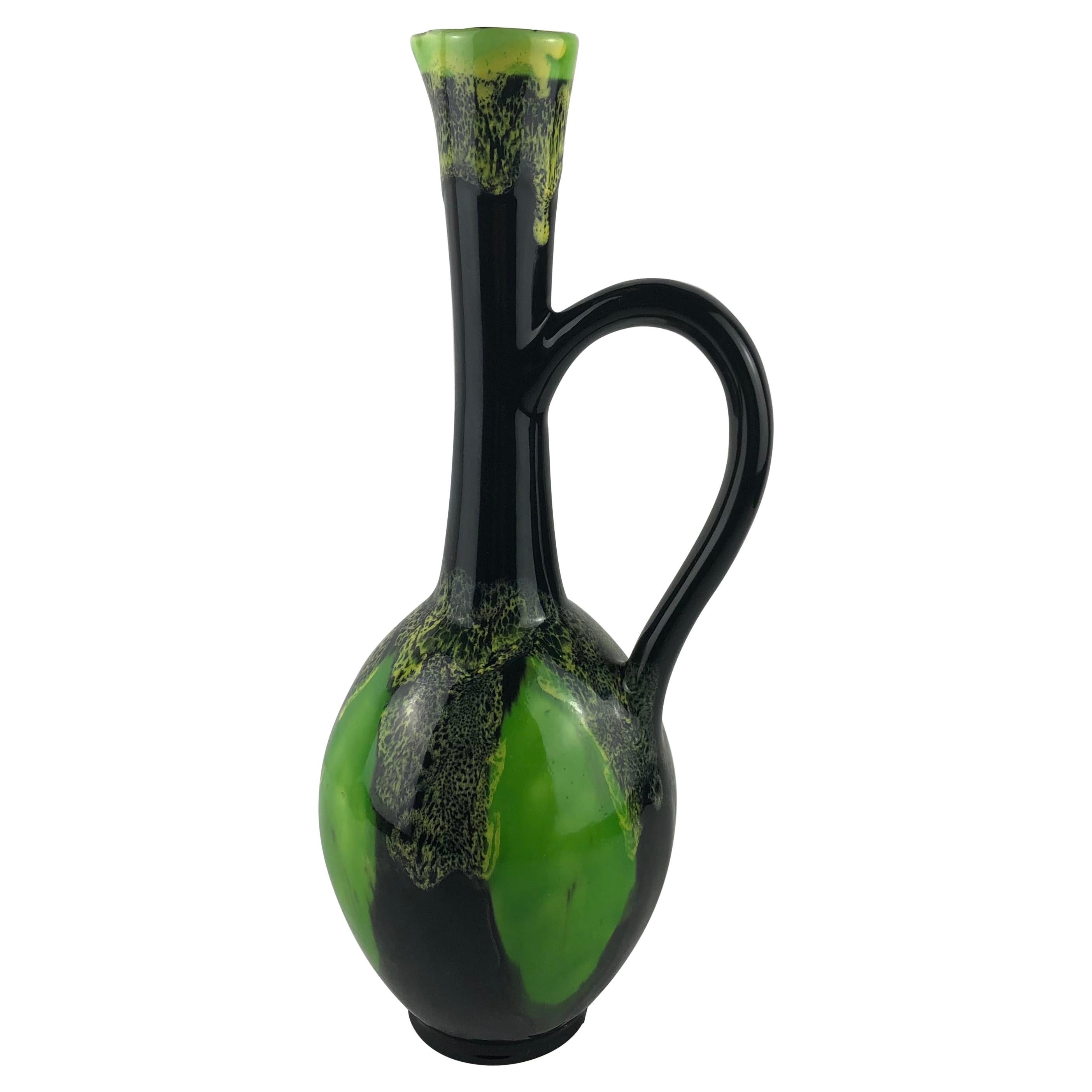 French Midcentury Flower Vase from Vallauris France, Green and Black For Sale