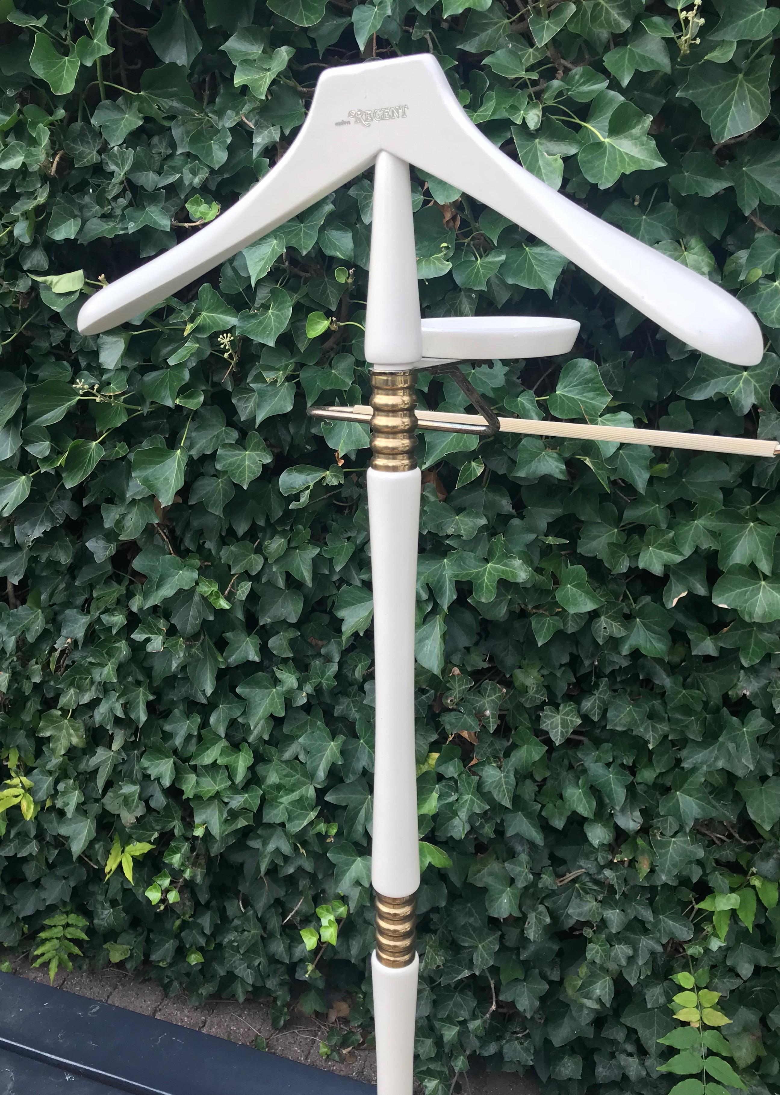Mid-Century Modern Stunning Midcentury White Wooden and Brass Valet Stand, Clothes Hanger Stand