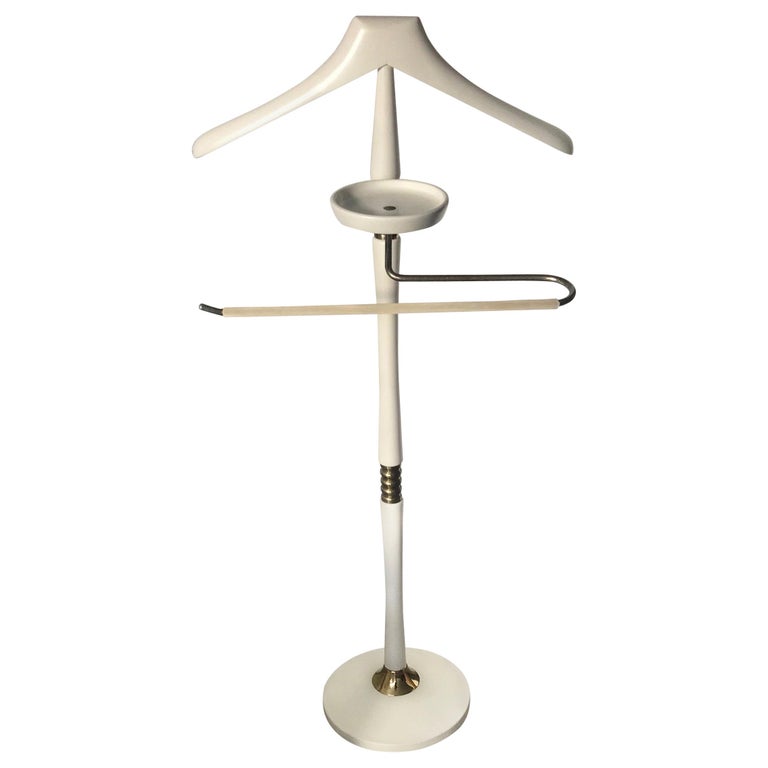 Stunning Midcentury White Wooden and Brass Valet Stand, Clothes Hanger Stand  For Sale at 1stDibs