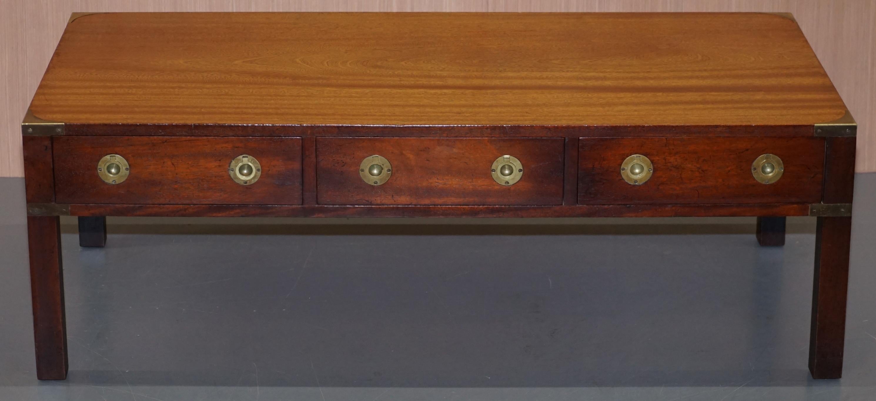 English Stunning Military Campaign Coffee Table in Solid Mahogany with Large Drawers