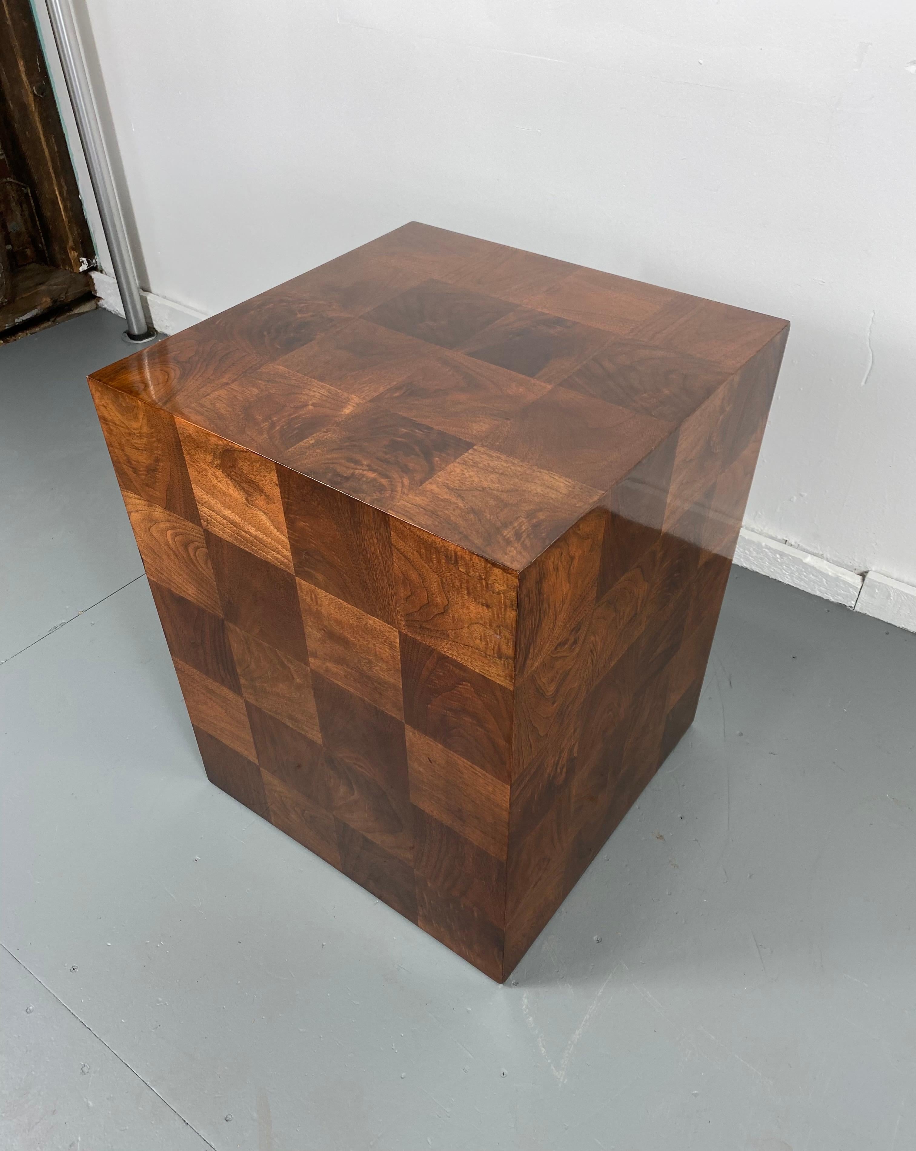 Stunning Milo Baughman patch work cube table / pedestal, amazing patch work woods, nice original finish, hand delivery avail to New York City or anywhere en route from Buffalo NY.