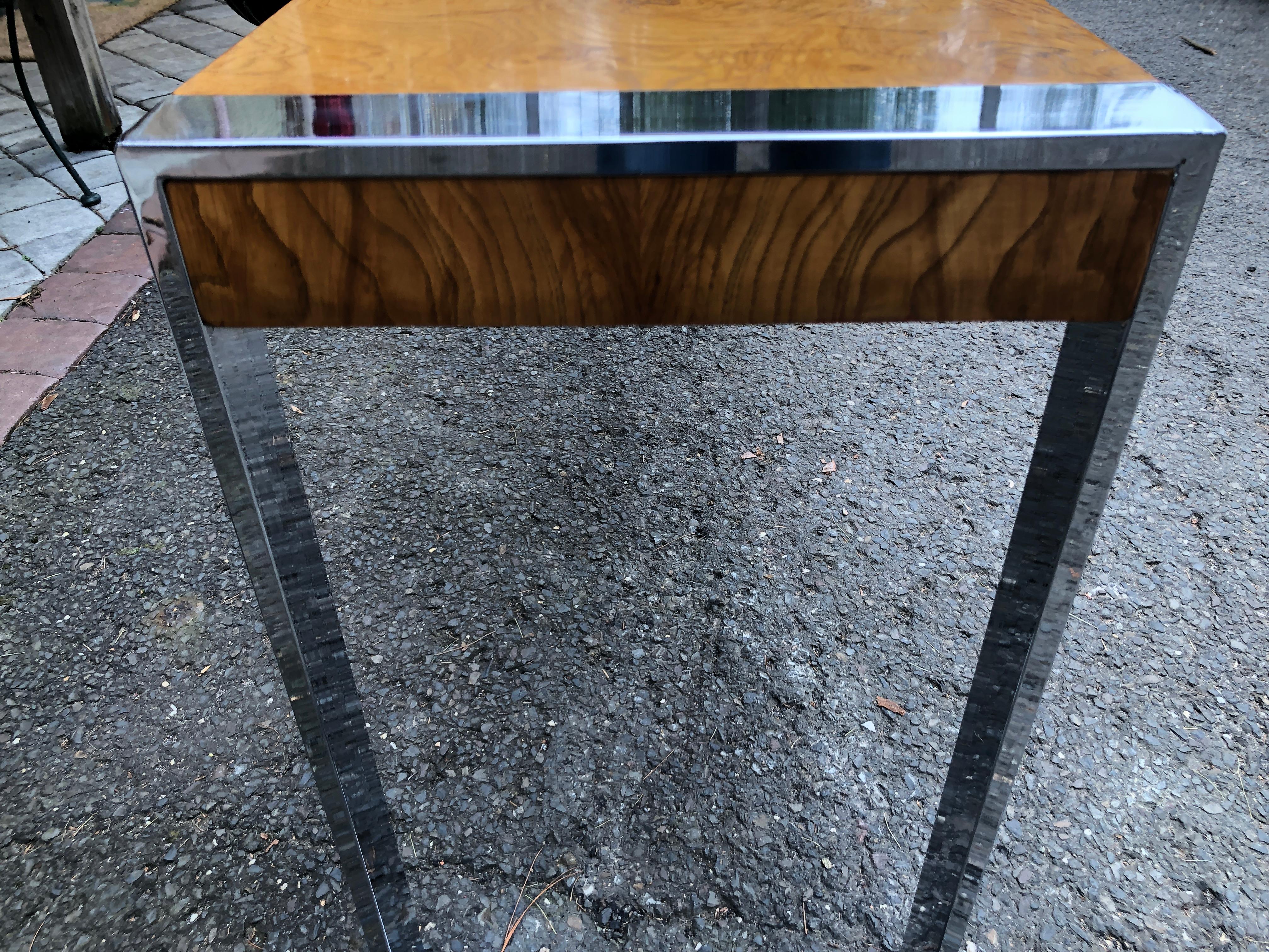 Brass Stunning Milo Baughman style Burl Olive Wood Chrome Console Table Mid-Century  For Sale
