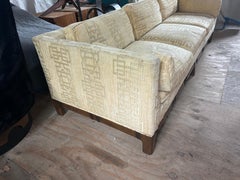 Stunning Milo Baughman style Tuxedo Sofa Walnut Jack Lenor Larsen Fabric