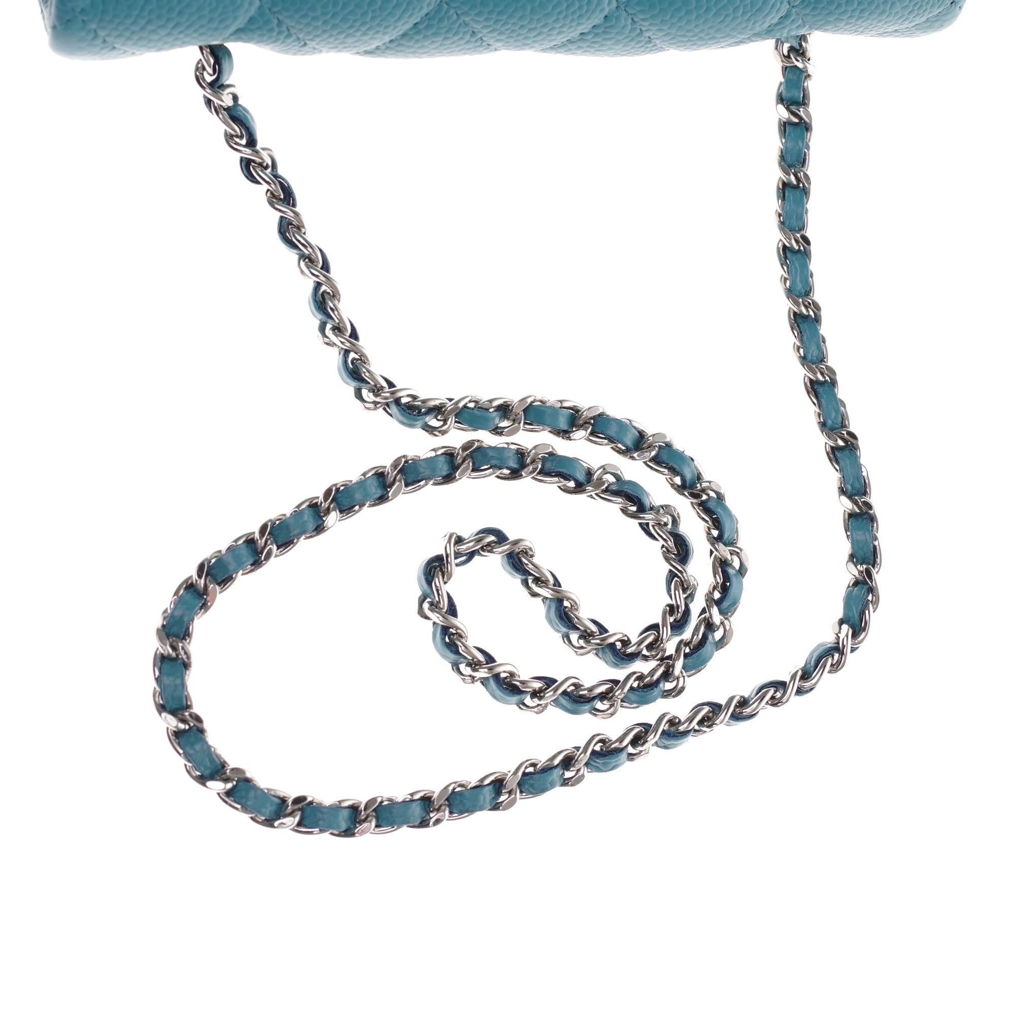 Stunning Mini Chanel shoulder bag in turquoise caviar leather, silver hardware 2