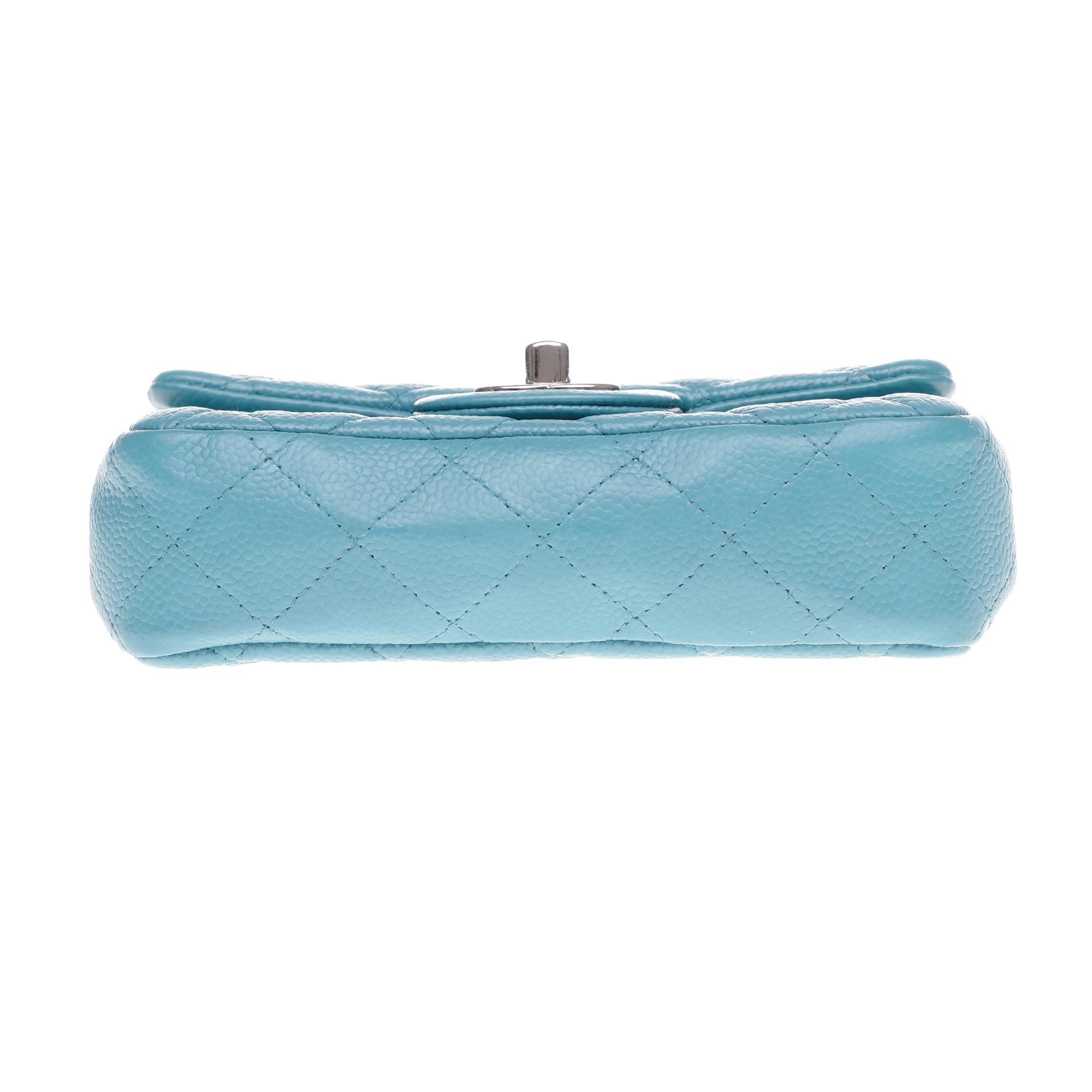 Stunning Mini Chanel shoulder bag in turquoise caviar leather, silver hardware 3