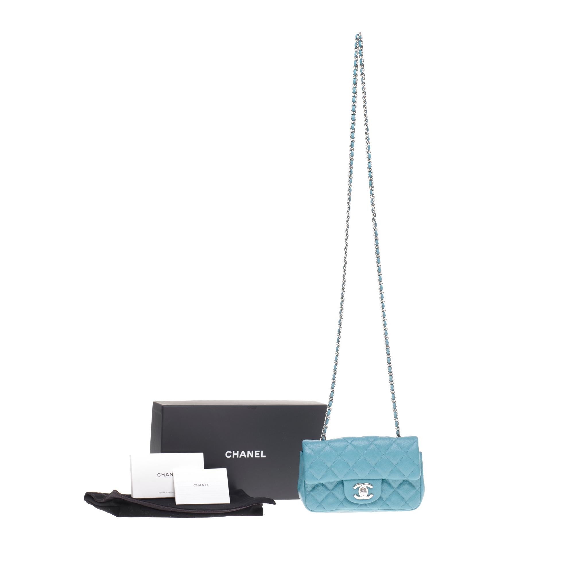 Stunning Mini Chanel shoulder bag in turquoise caviar leather, silver hardware 5