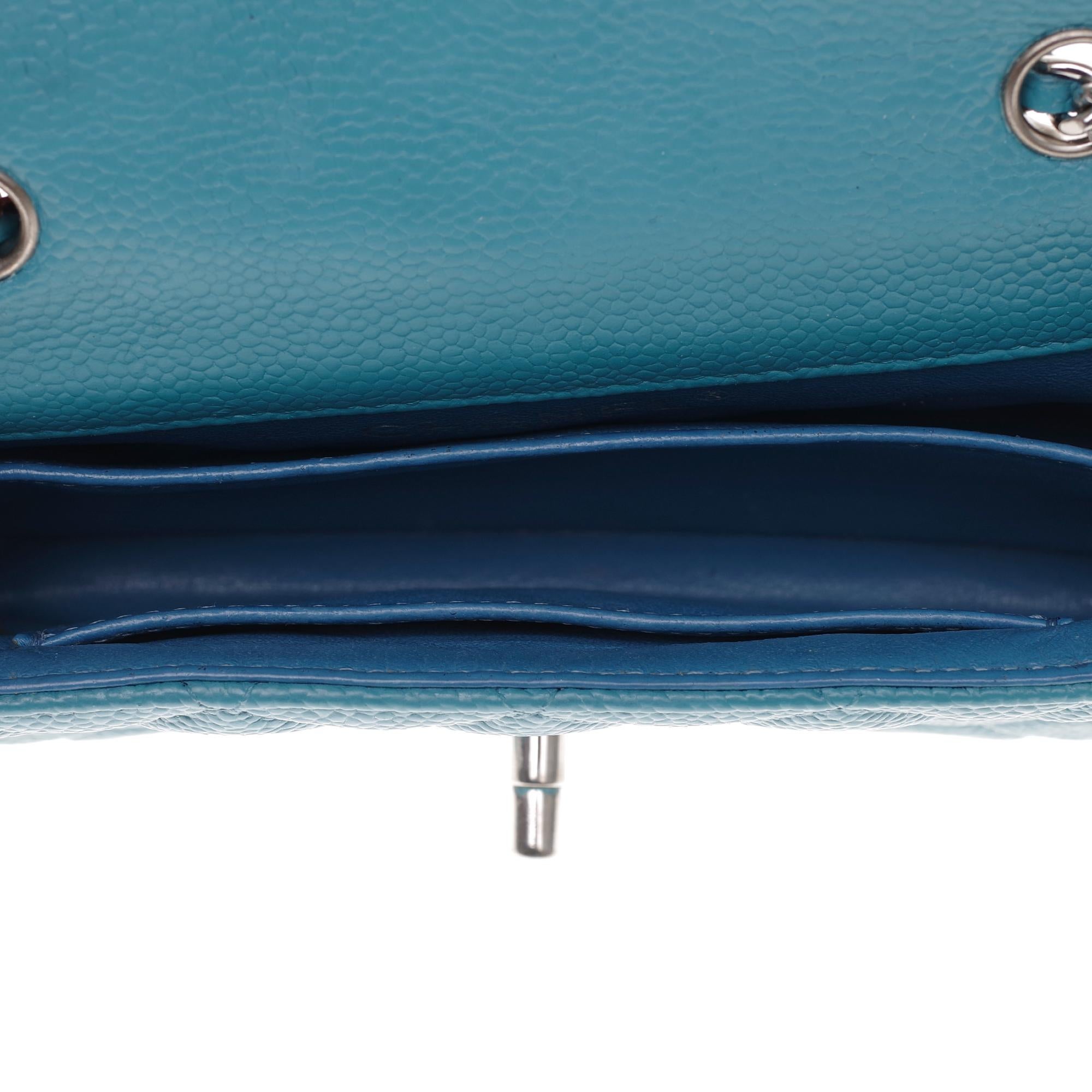 Stunning Mini Chanel shoulder bag in turquoise caviar leather, silver hardware 1