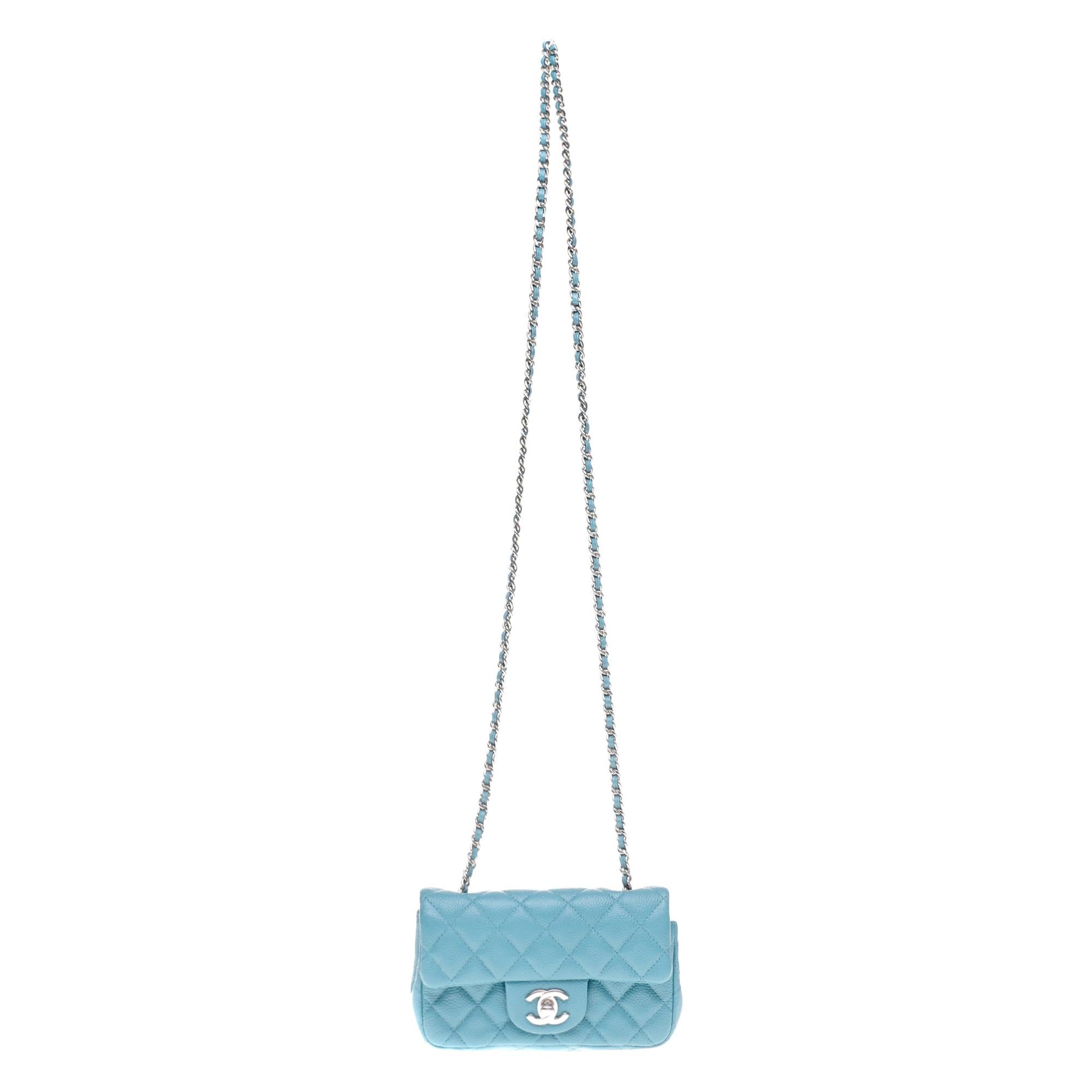 Stunning Mini Chanel shoulder bag in turquoise caviar leather, silver hardware