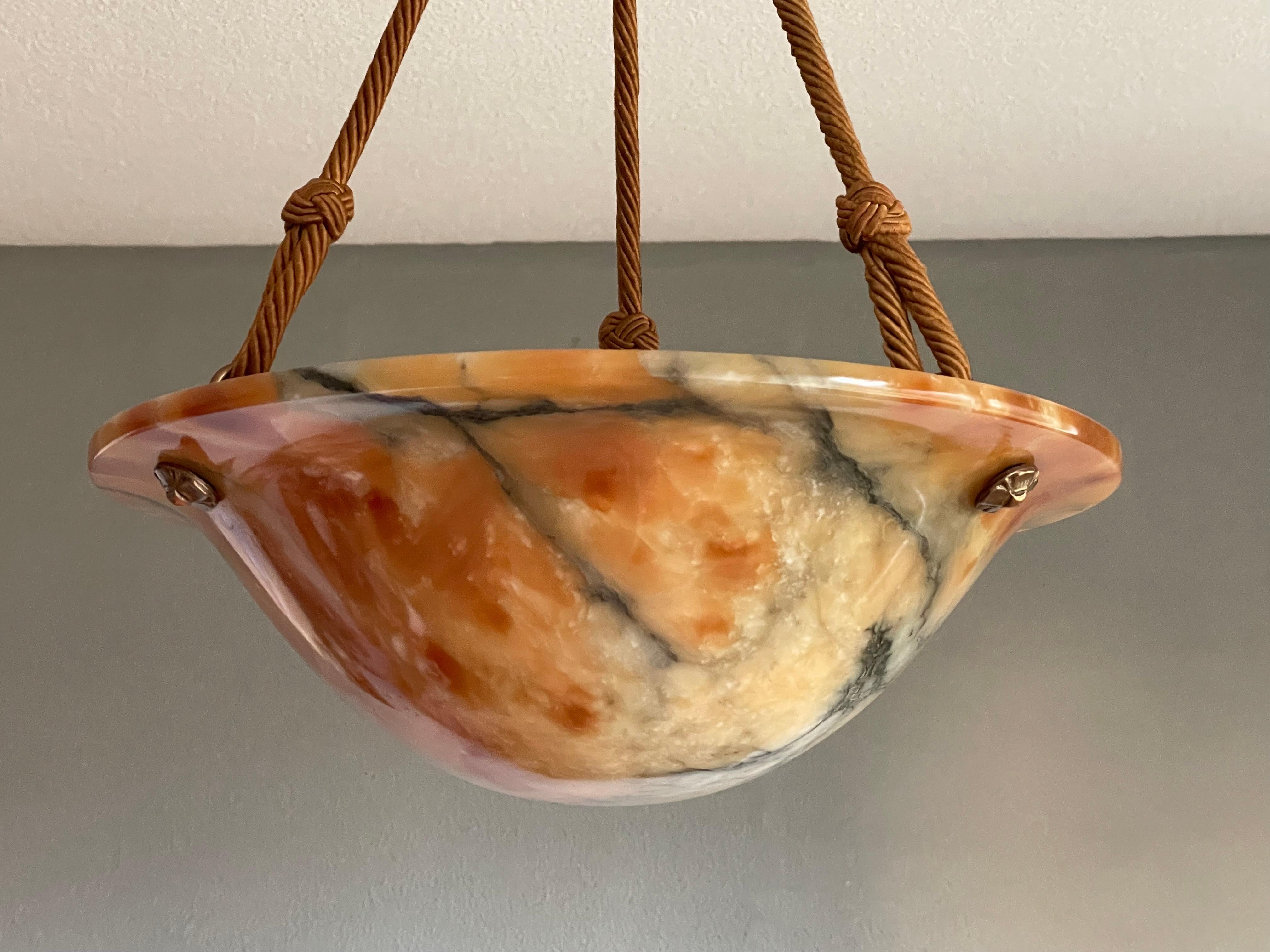 European Stunning & Mint Early 1900s Art Deco Alabaster and Original Rope Pendant Light