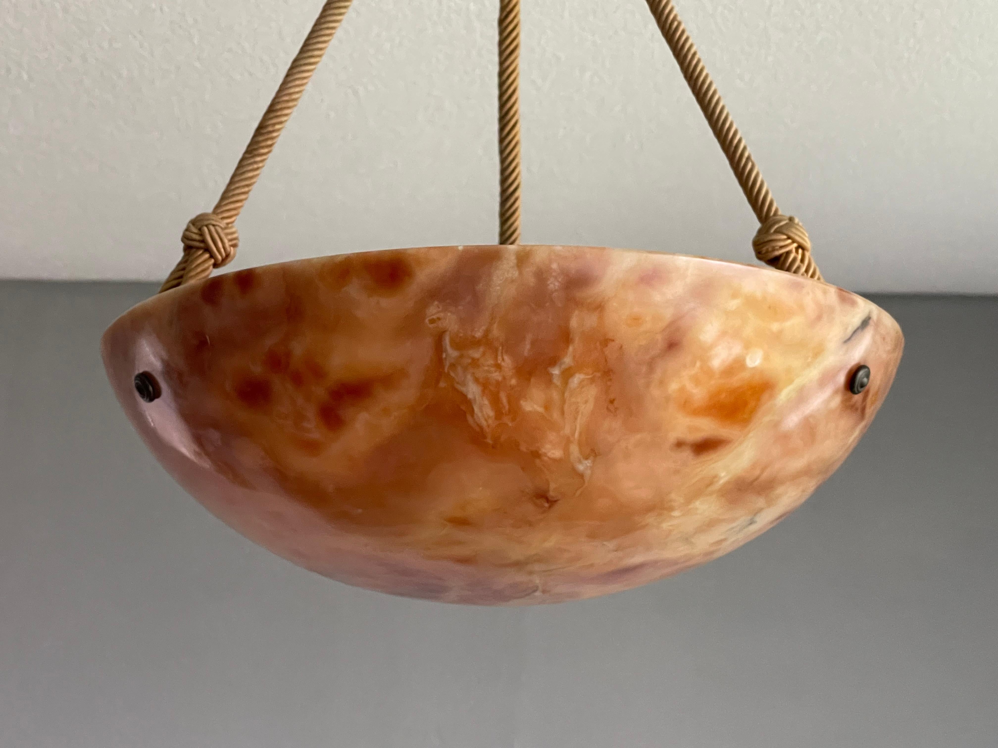 European Stunning & Mint Early 1900s Art Deco Alabaster and Original Rope Pendant Light For Sale