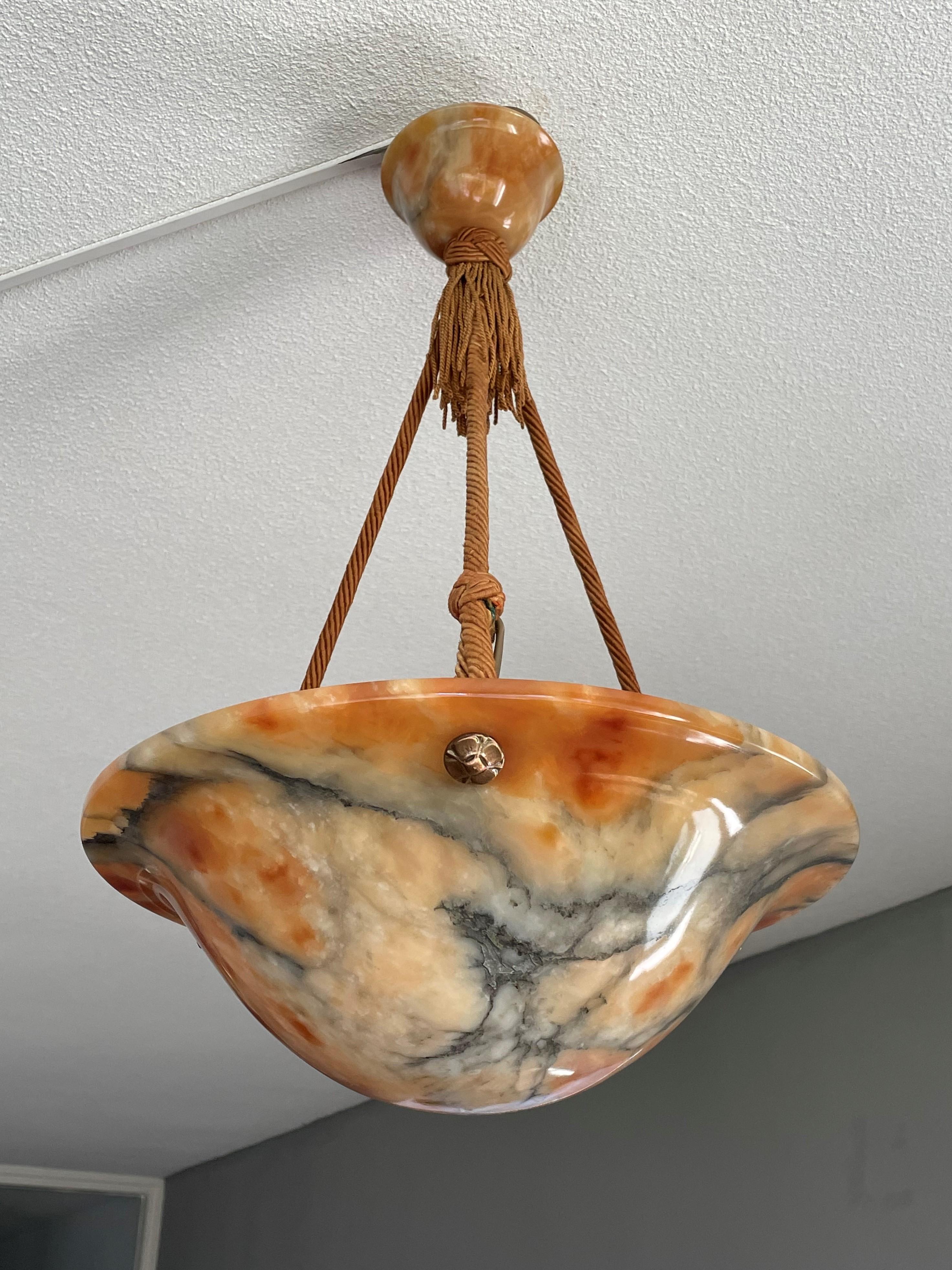 Brass Stunning & Mint Early 1900s Art Deco Alabaster and Original Rope Pendant Light