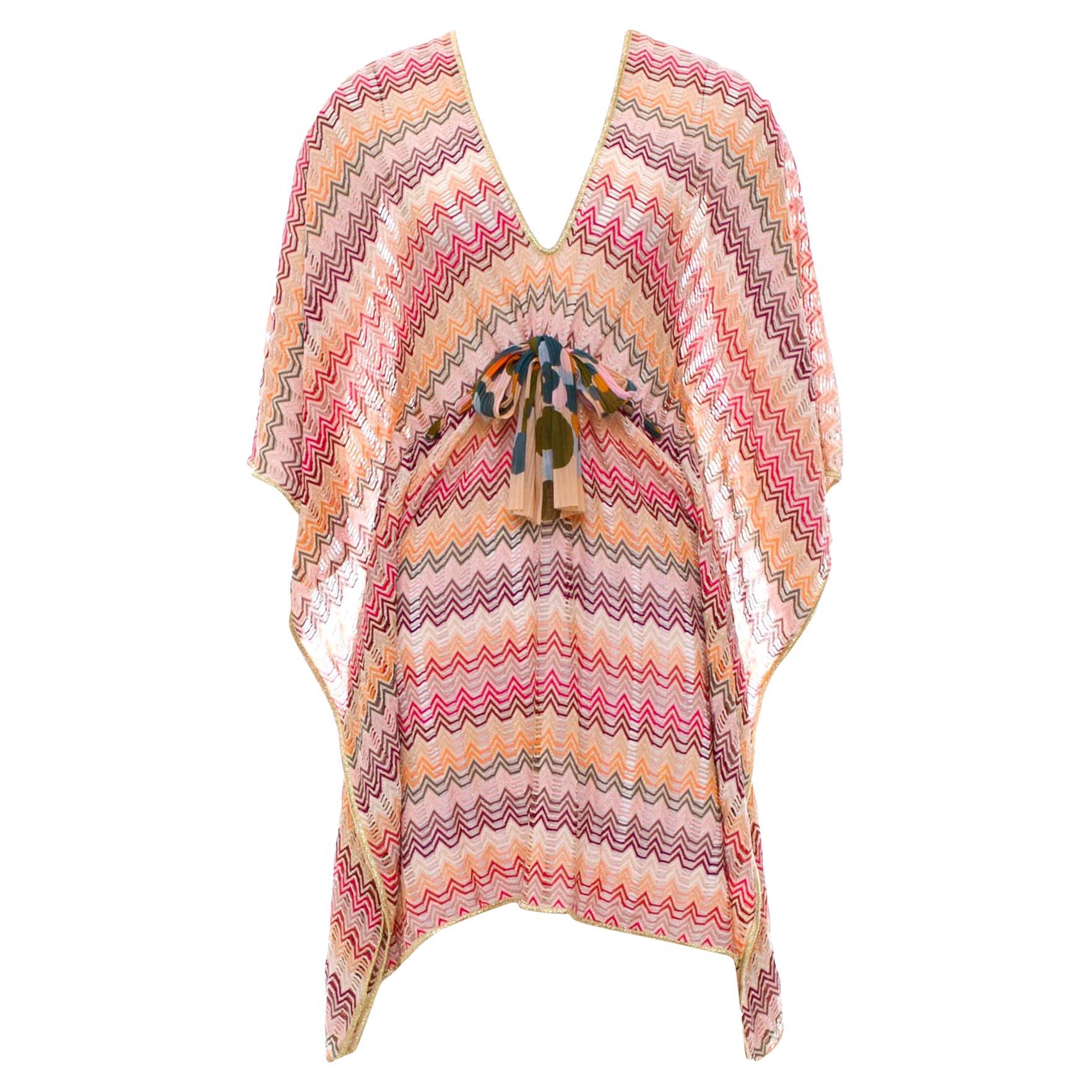 NEW Missoni Multicolor Gold Metallic Lurex Crochet Knit Kaftan Tunic Dress M For Sale