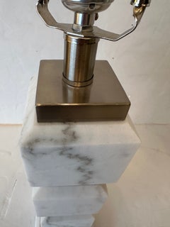 Stunning Modern Pair of Marble & Stainless Steel Cube Table Lamps