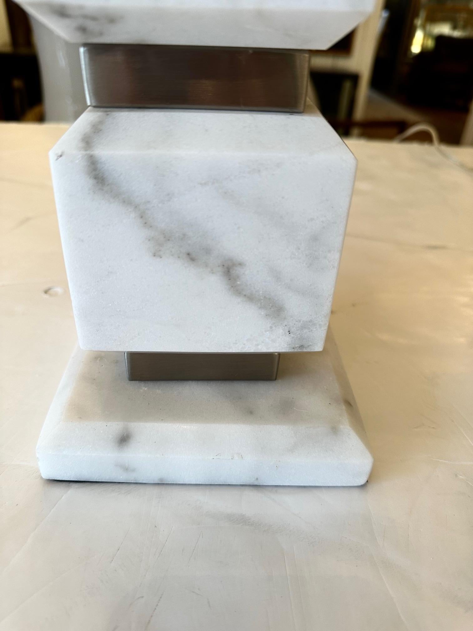 American Stunning Modern Pair of Marble & Stainless Steel Cube Table Lamps For Sale