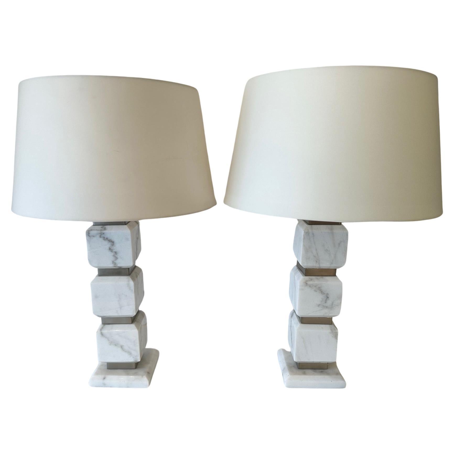 Stunning Modern Pair of Marble & Stainless Steel Cube Table Lamps For Sale