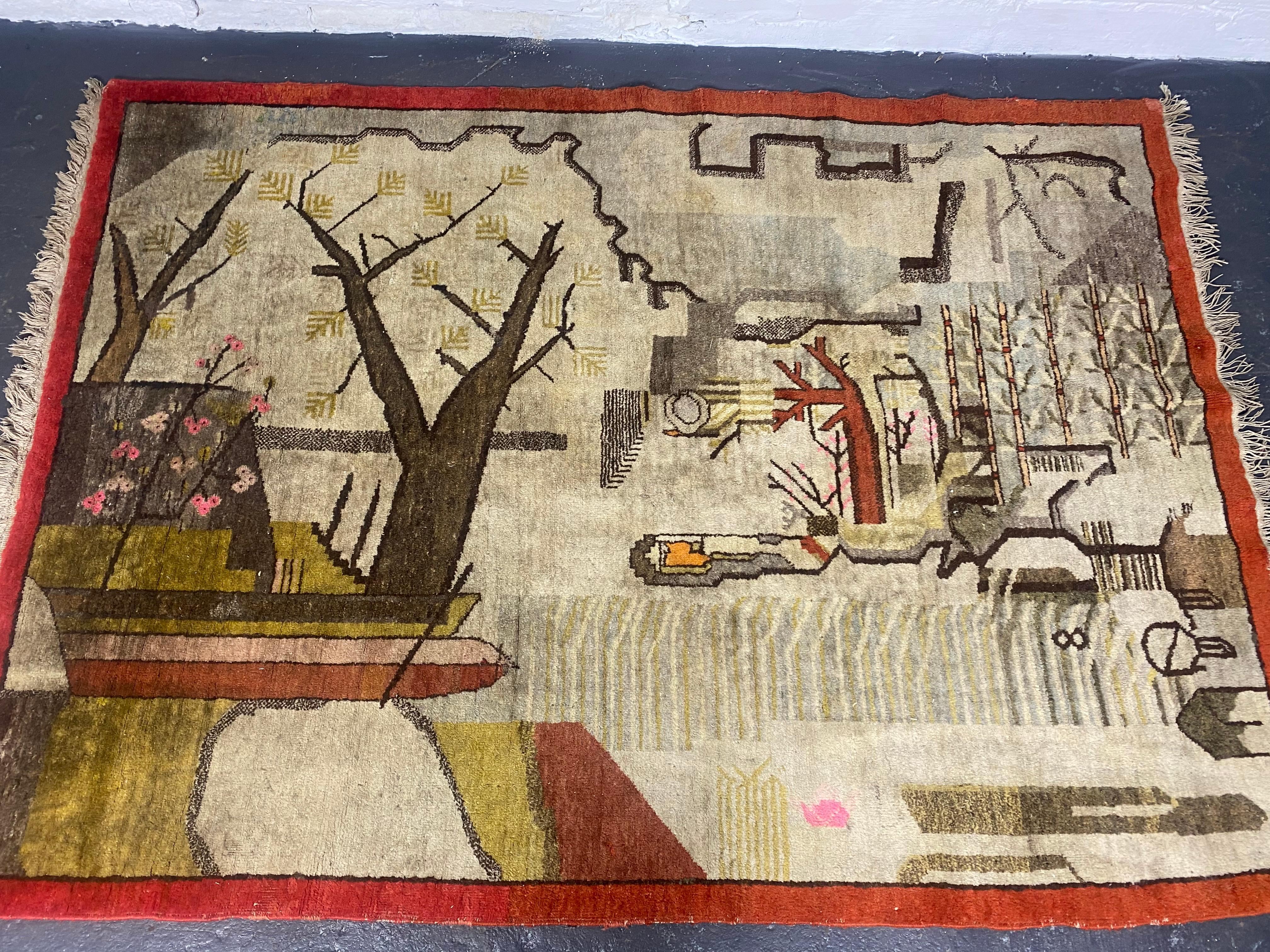 Superbe tapis moderniste / artisanal / Art déco chinois, accroché au mur en vente 8
