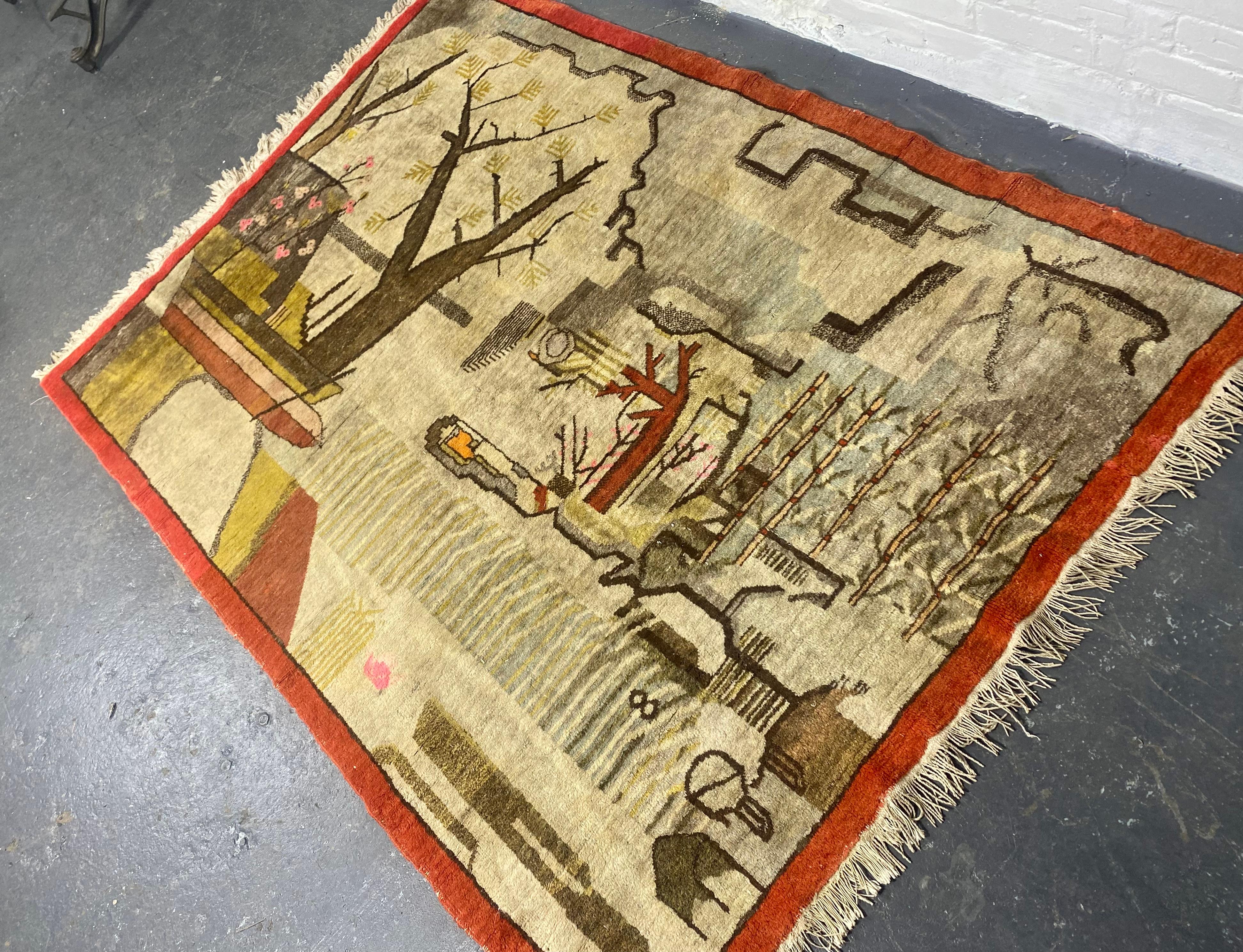 French Stunning Modernist / Folk art / Chinese Art Deco rug , wall hanging For Sale