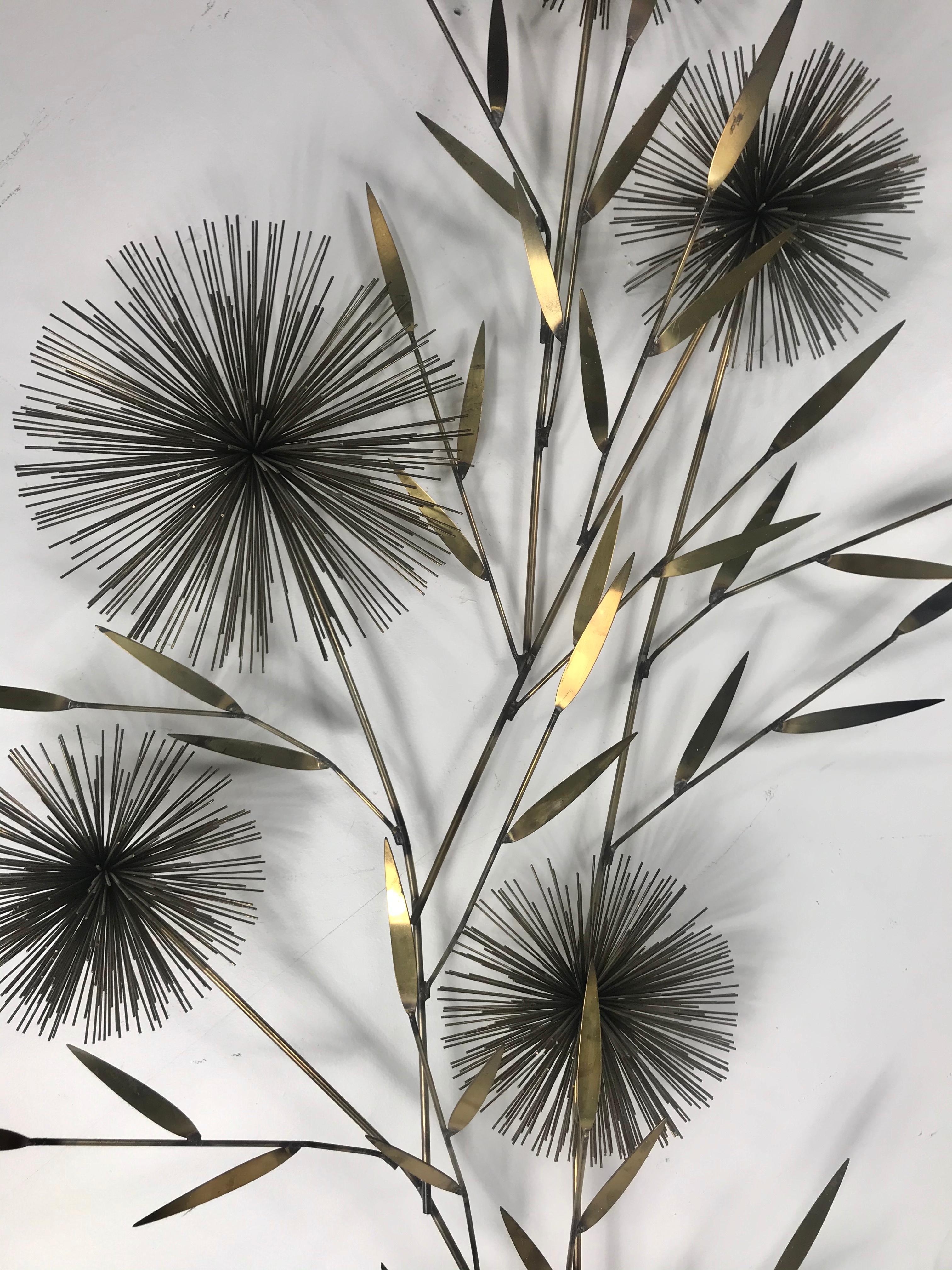 Stunning Mid-Century Modern wall sculpture consisting of 5 sprays / branch in the manner of Harry Bertoia. Designed by C. Jere, retains original C JERE 1979 SIGNATURE. Wonderful original patina. Hand delivery avail to New York City or anywhere en