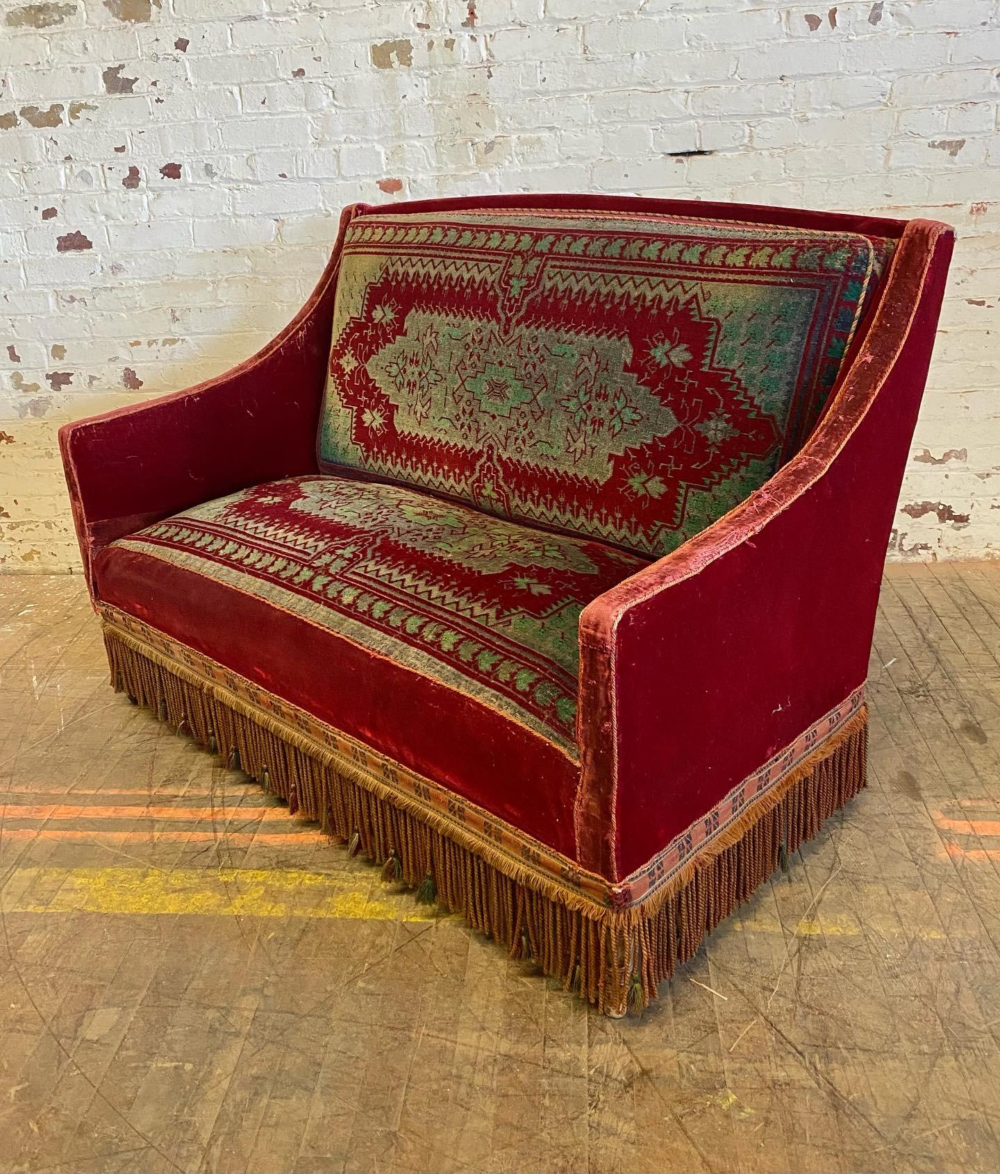 Stunning Mohair Russian Stylized Settee embossed tapestry fabric,,Great form and style.. Retains original mohair,, embossed,, fringe,,Age appropriate wear..Hand delivery avail to New York City or anywhere en route from Buffalo NY.