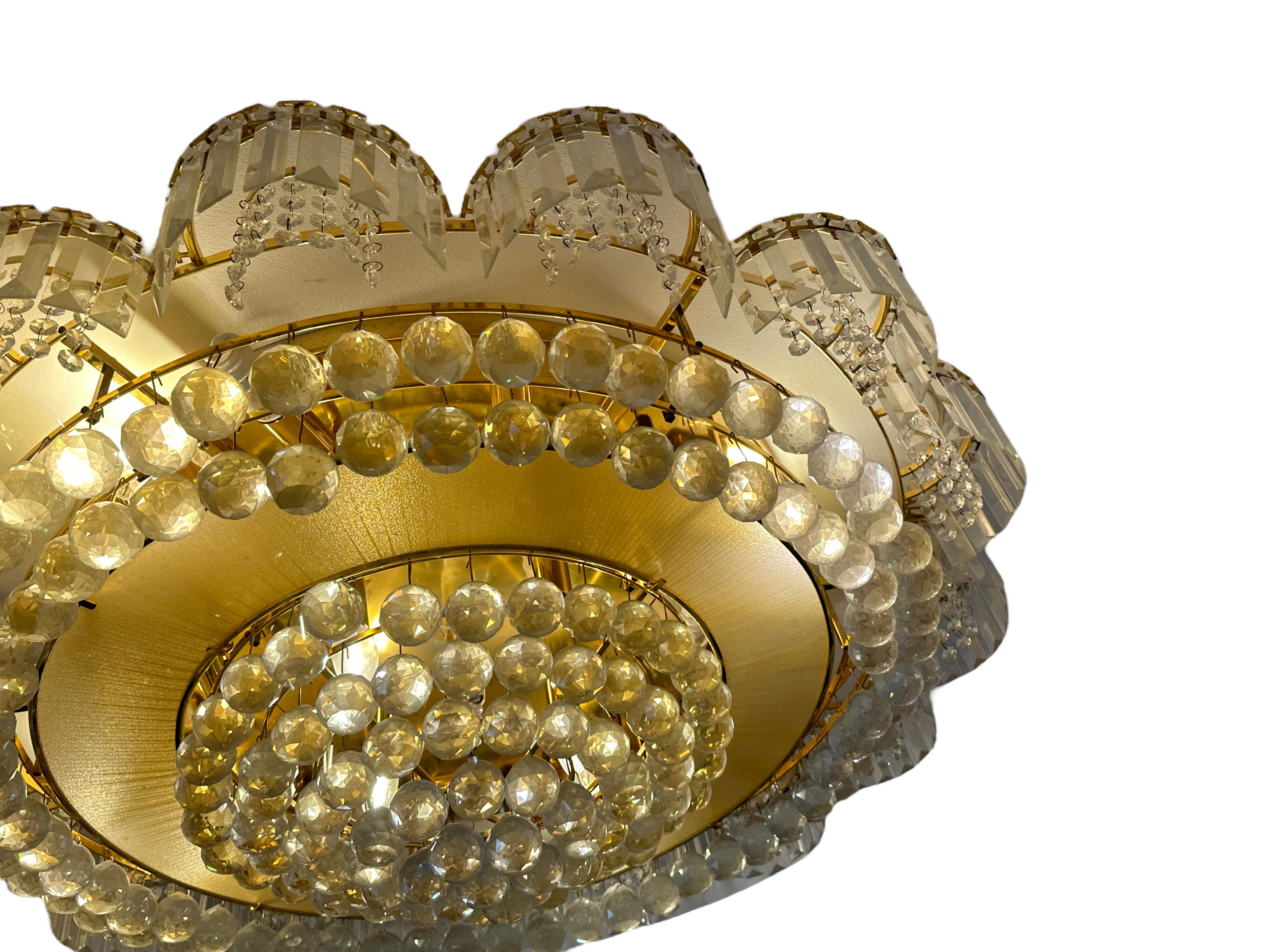 Stunning Monumental Brass Crystal Flush Mount Chandelier by Palwa Germany 1980s For Sale 4