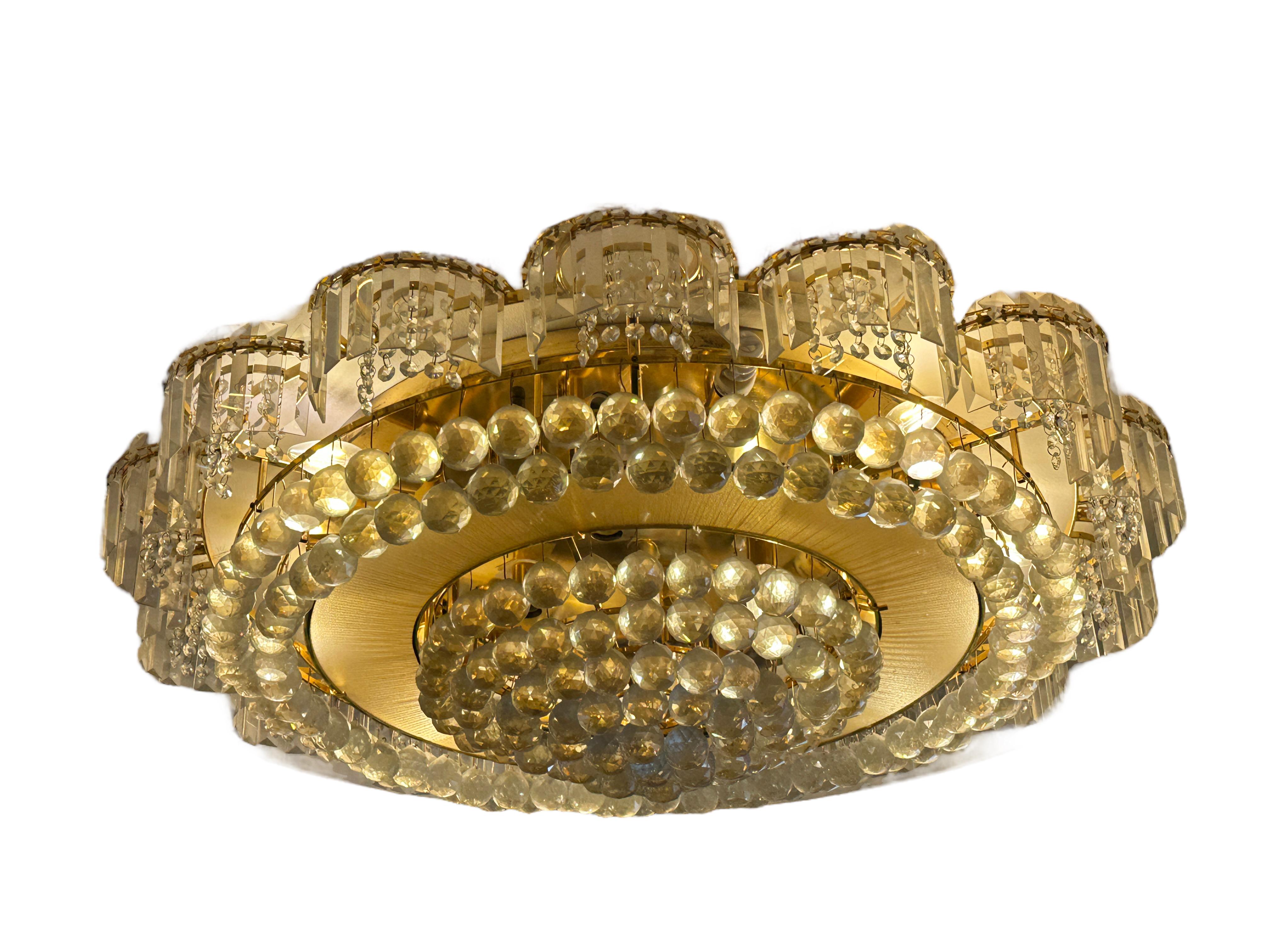 Stunning Monumental Brass Crystal Flush Mount Chandelier by Palwa Germany 1980s For Sale 6