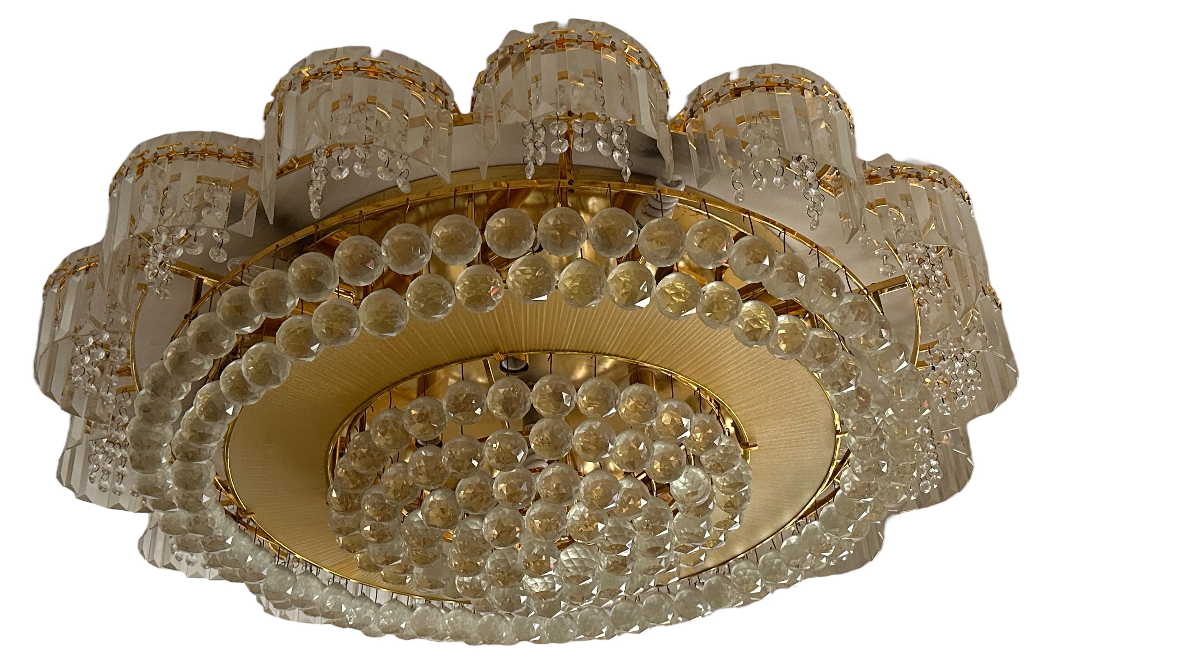 Stunning Monumental Brass Crystal Flush Mount Chandelier by Palwa Germany 1980s For Sale 7