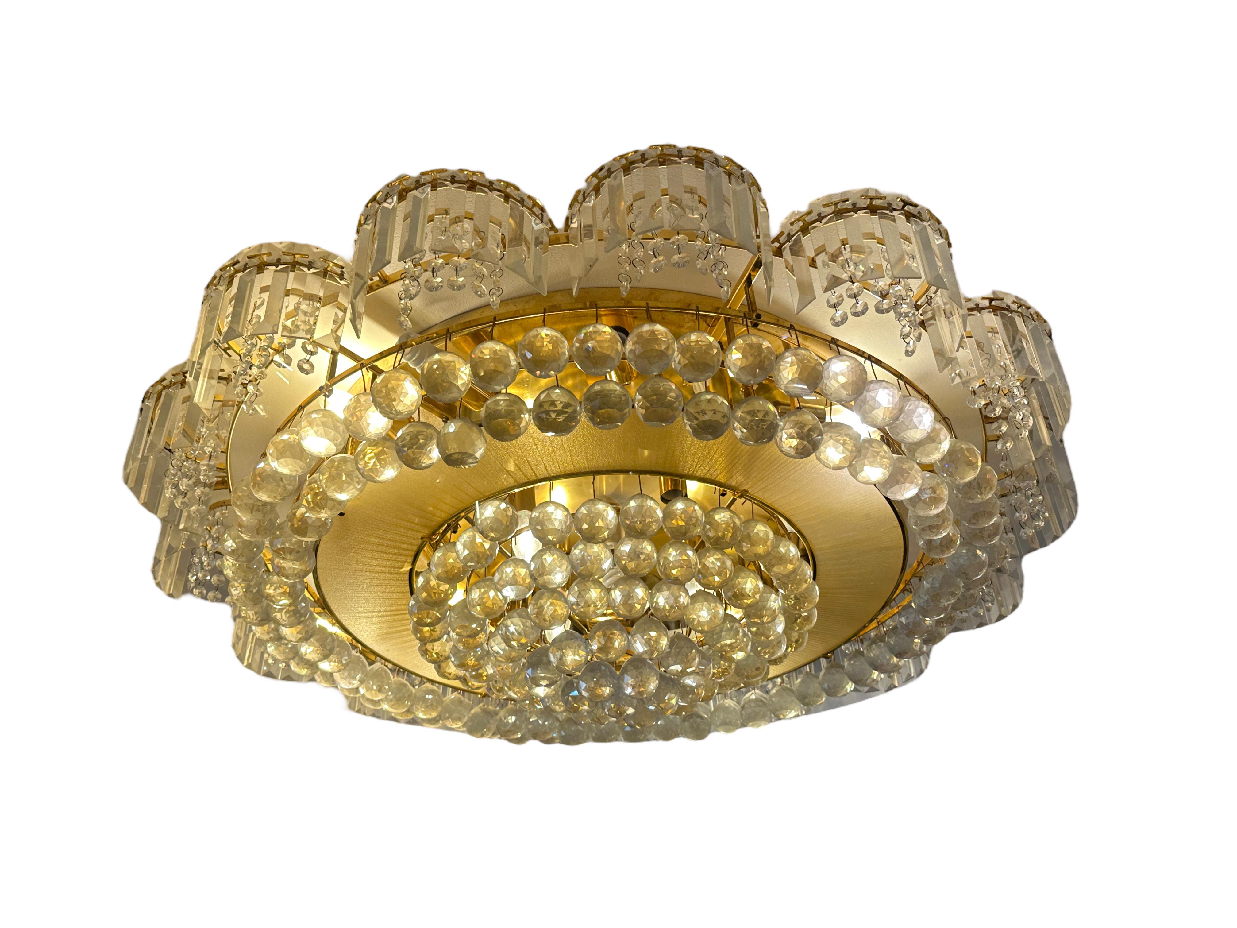 Metal Stunning Monumental Brass Crystal Flush Mount Chandelier by Palwa Germany 1980s For Sale