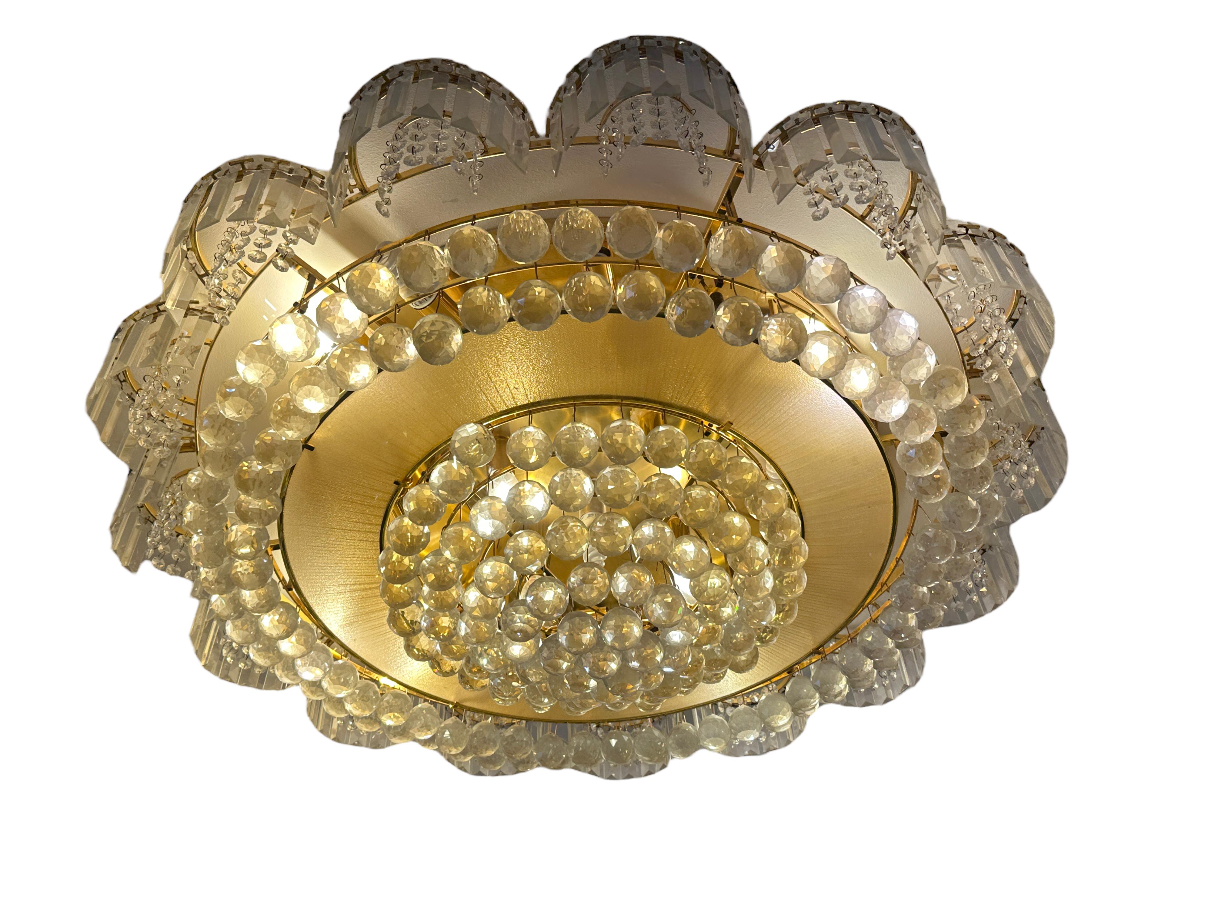 Stunning Monumental Brass Crystal Flush Mount Chandelier by Palwa Germany 1980s For Sale 1