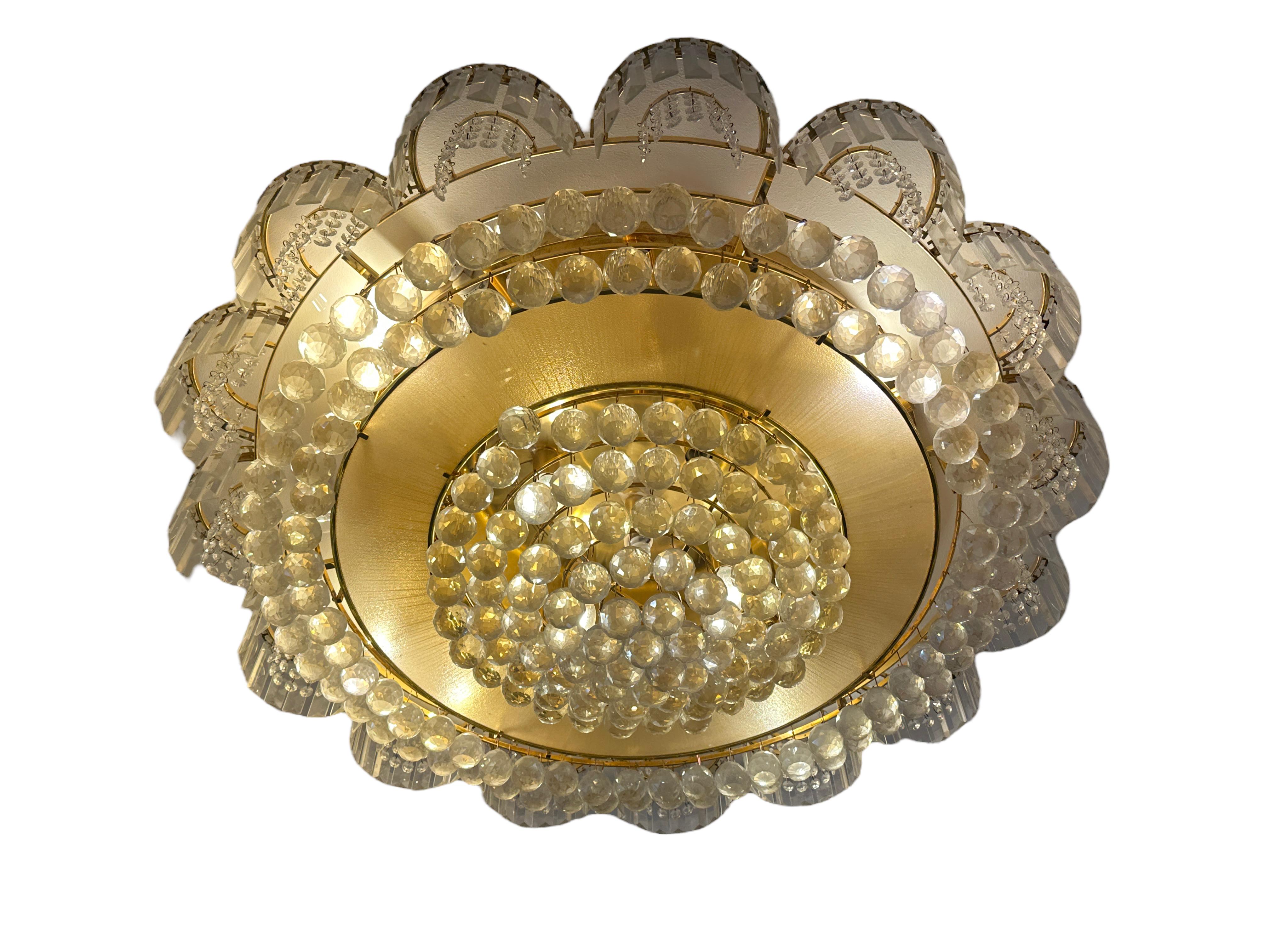 Stunning Monumental Brass Crystal Flush Mount Chandelier by Palwa Germany 1980s For Sale 2