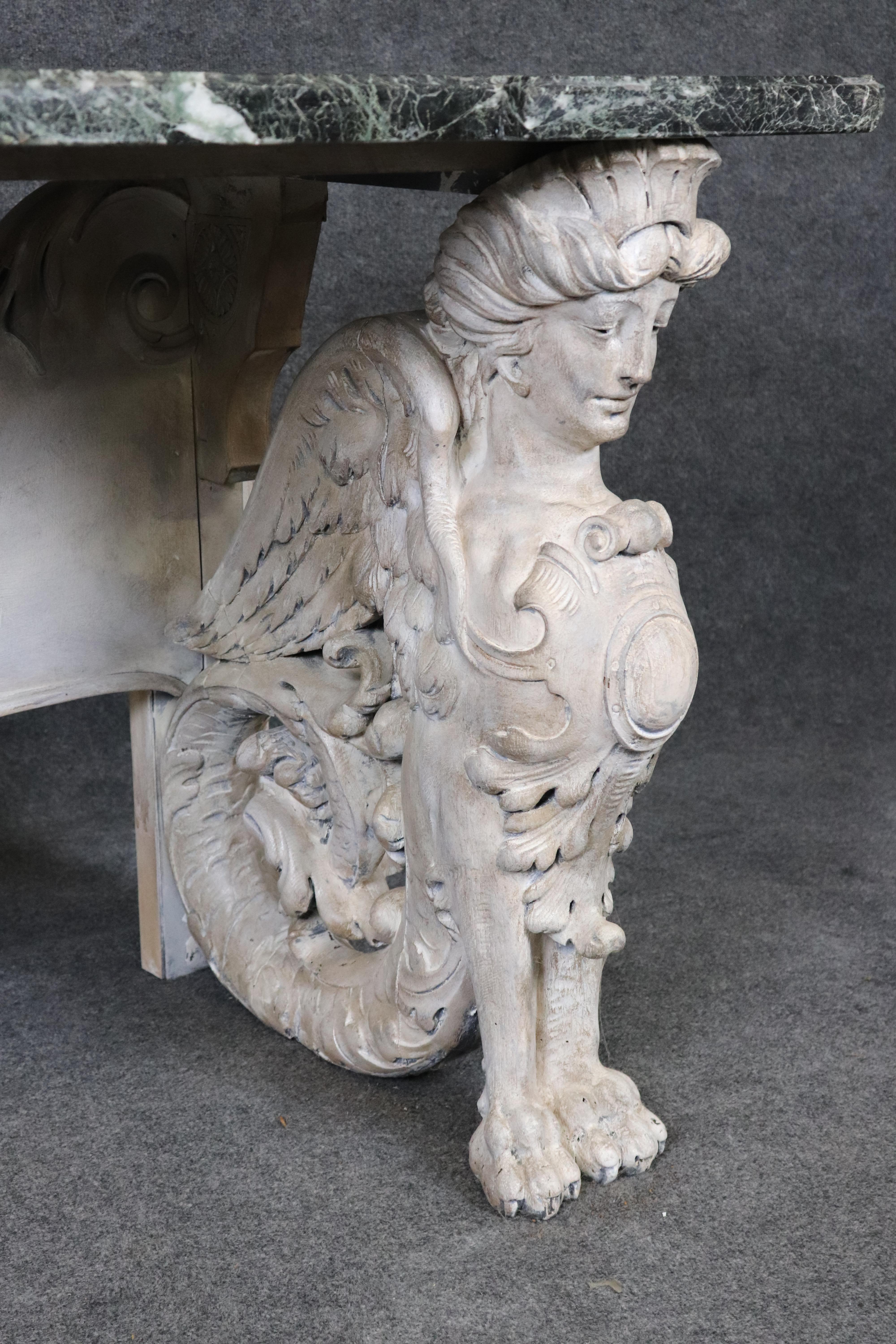 Stunning Monumental Figural Female Sphinx Carved Base Verdi Marble Console Table For Sale 5