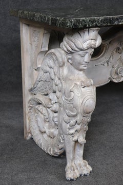 Stunning Monumental Figural Female Sphinx Carved Base Verdi Marble Console Table