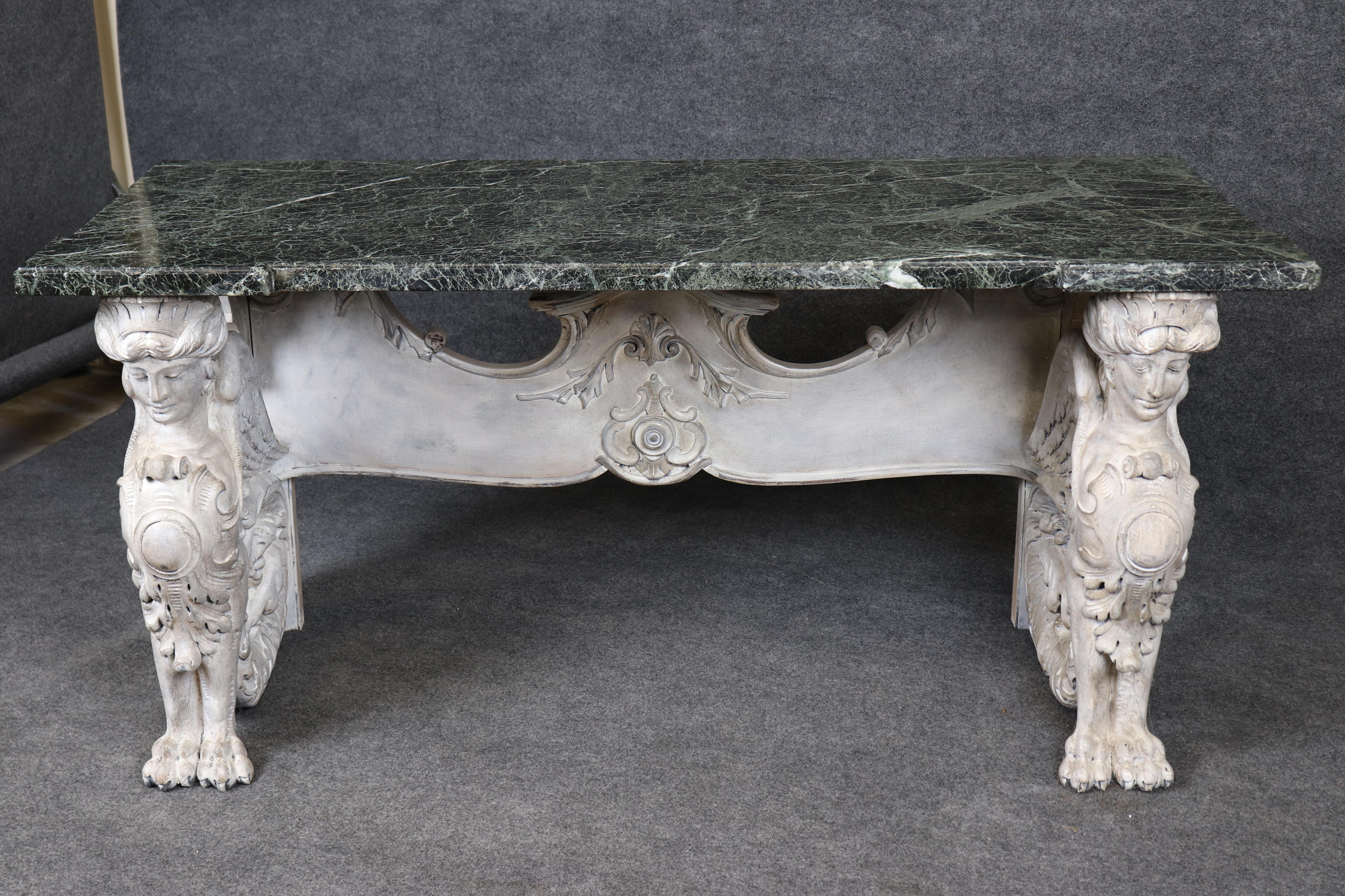 Renaissance Revival Stunning Monumental Figural Female Sphinx Carved Base Verdi Marble Console Table For Sale