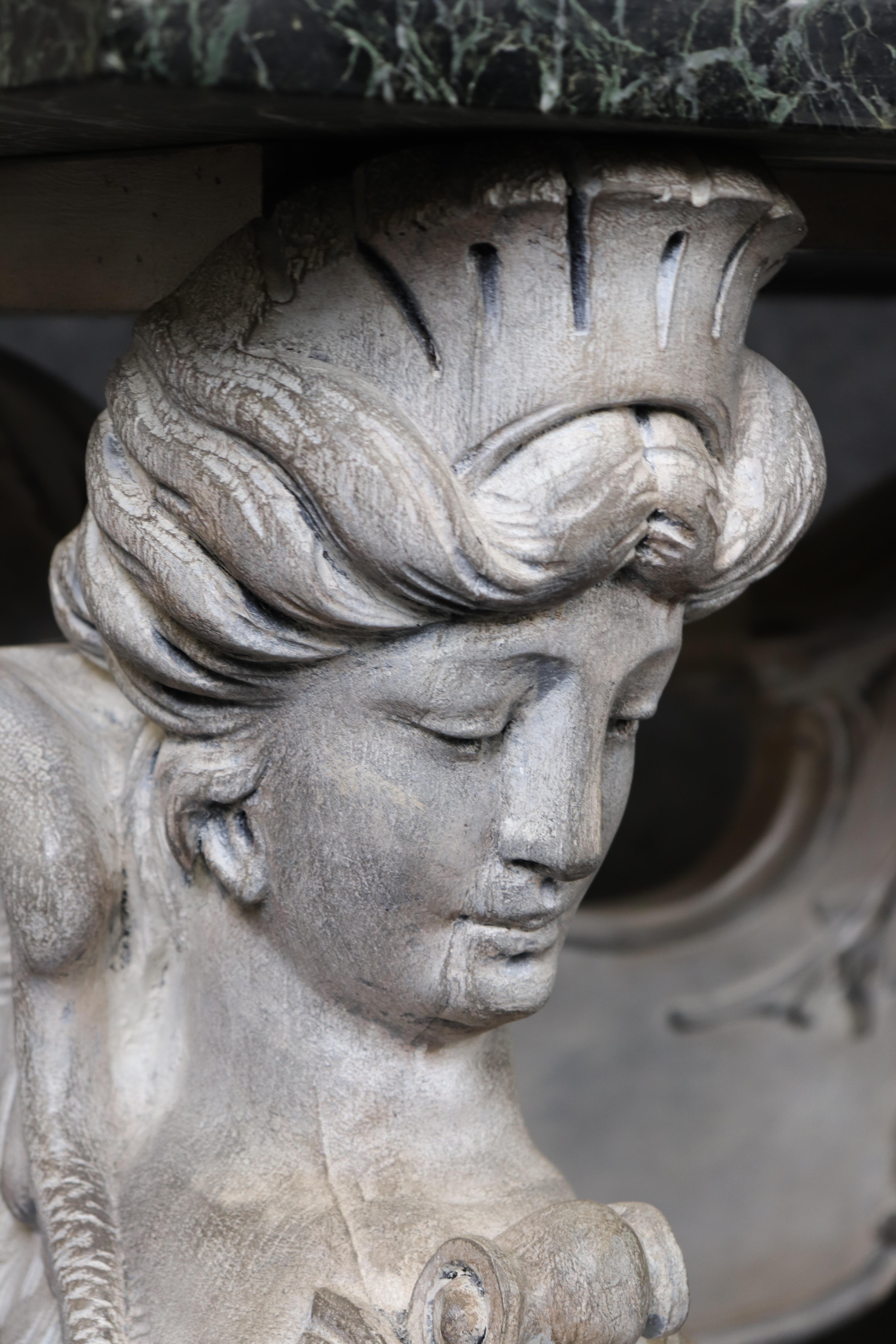 Italian Stunning Monumental Figural Female Sphinx Carved Base Verdi Marble Console Table For Sale