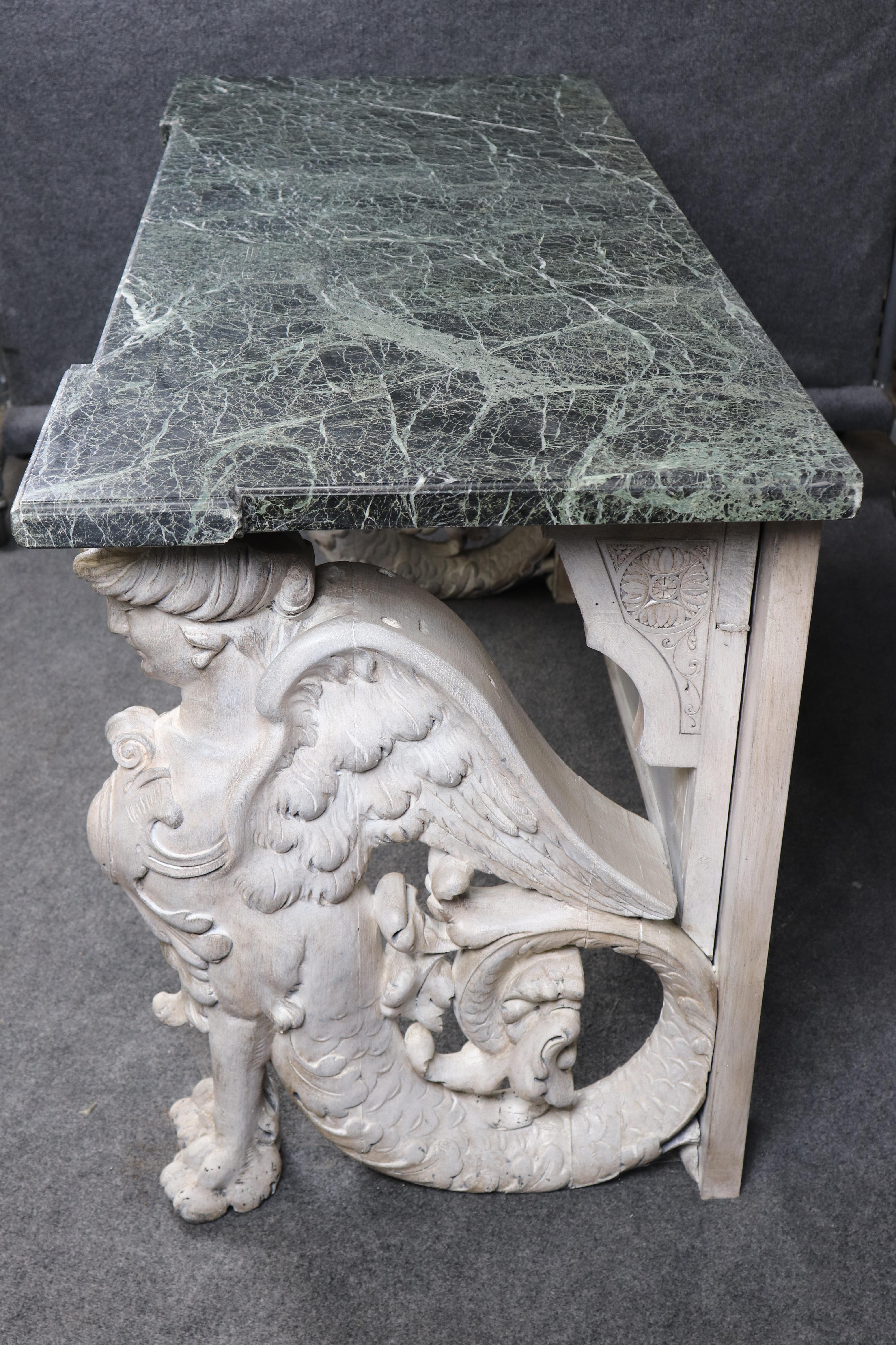 Stunning Monumental Figural Female Sphinx Carved Base Verdi Marble Console Table In Good Condition For Sale In Swedesboro, NJ