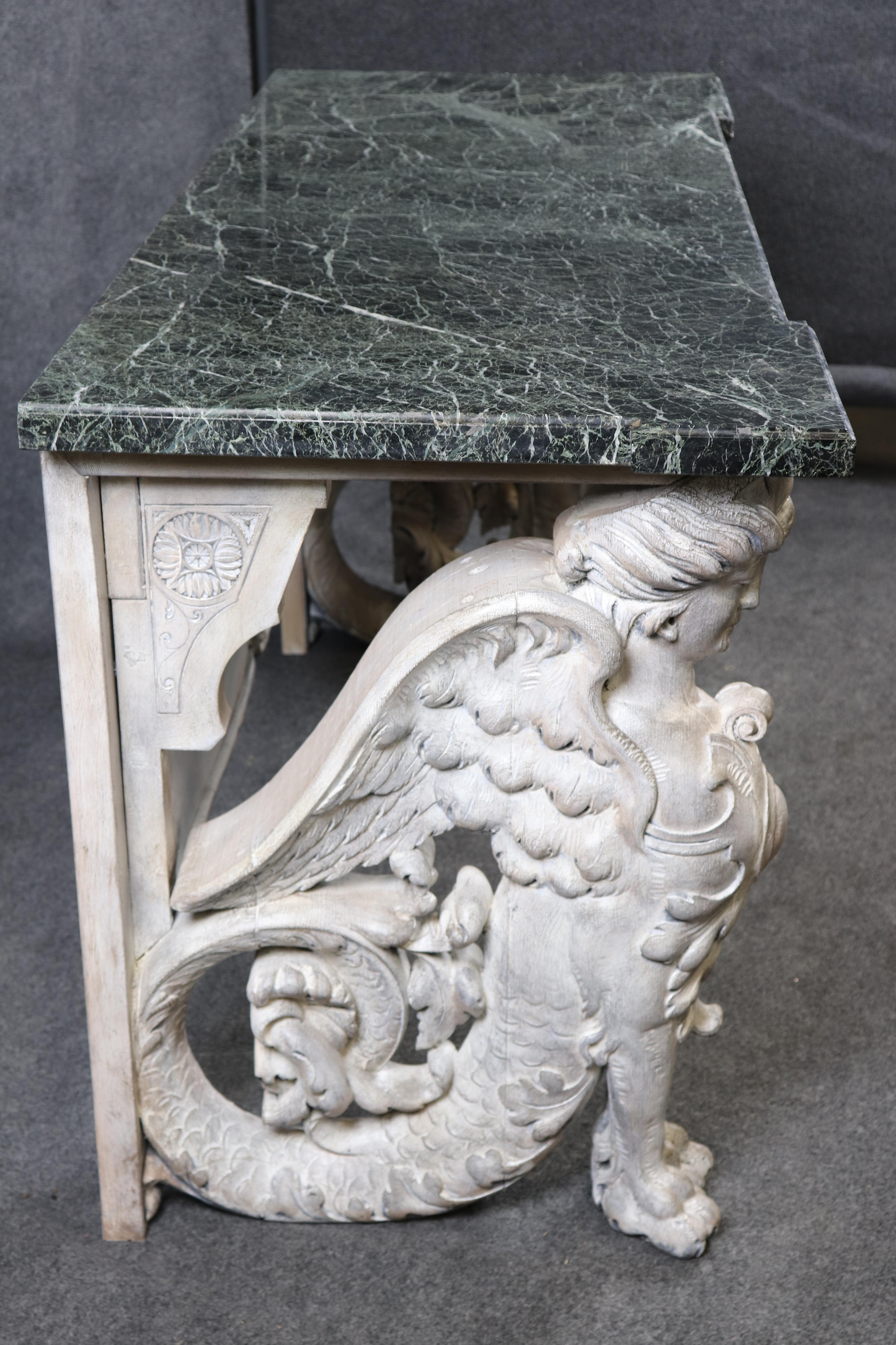 Late 19th Century Stunning Monumental Figural Female Sphinx Carved Base Verdi Marble Console Table For Sale
