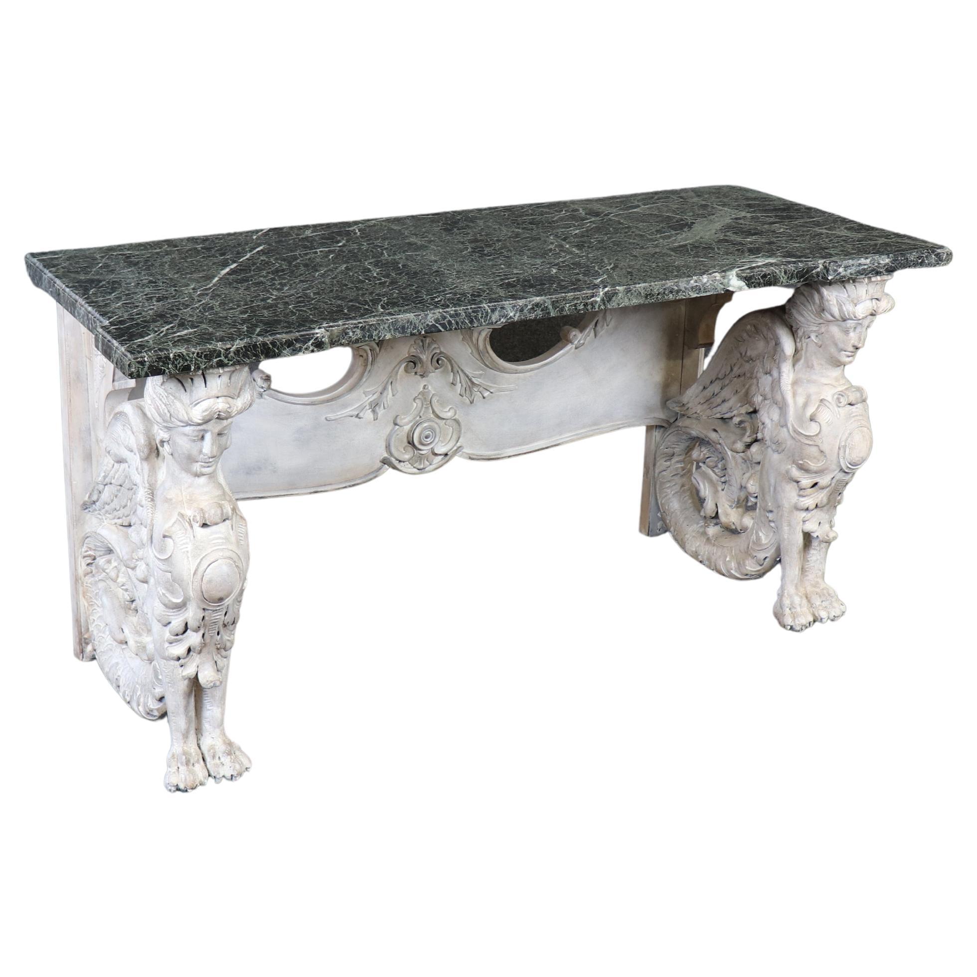 Stunning Monumental Figural Female Sphinx Carved Base Verdi Marble Console Table