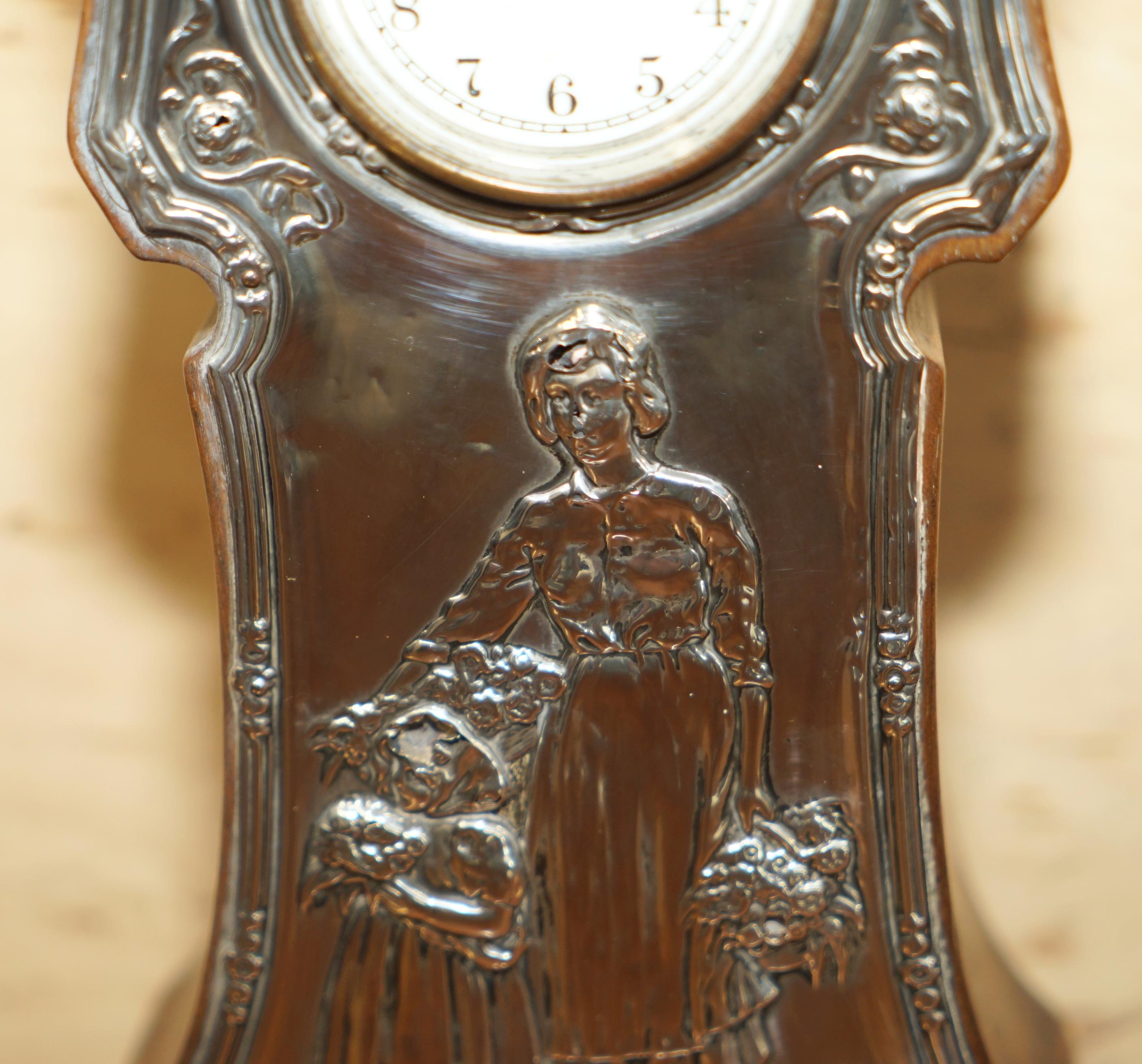 Hand-Crafted Stunning Mother & Child 1906 Sterling Silver Repouse Mantle Clock Must See For Sale
