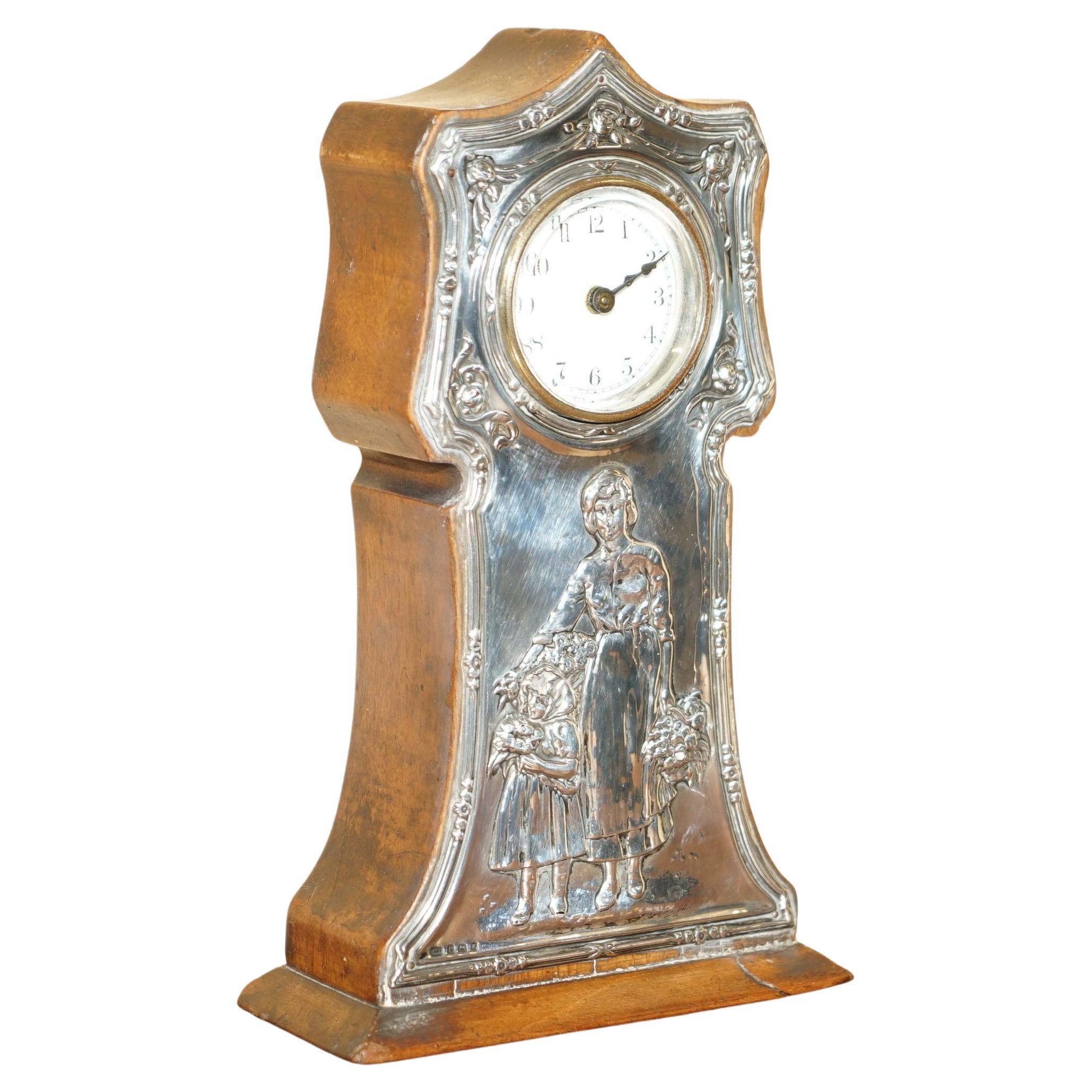 Stunning Mother & Child 1906 Sterling Silver Repouse Mantle Clock Must See For Sale