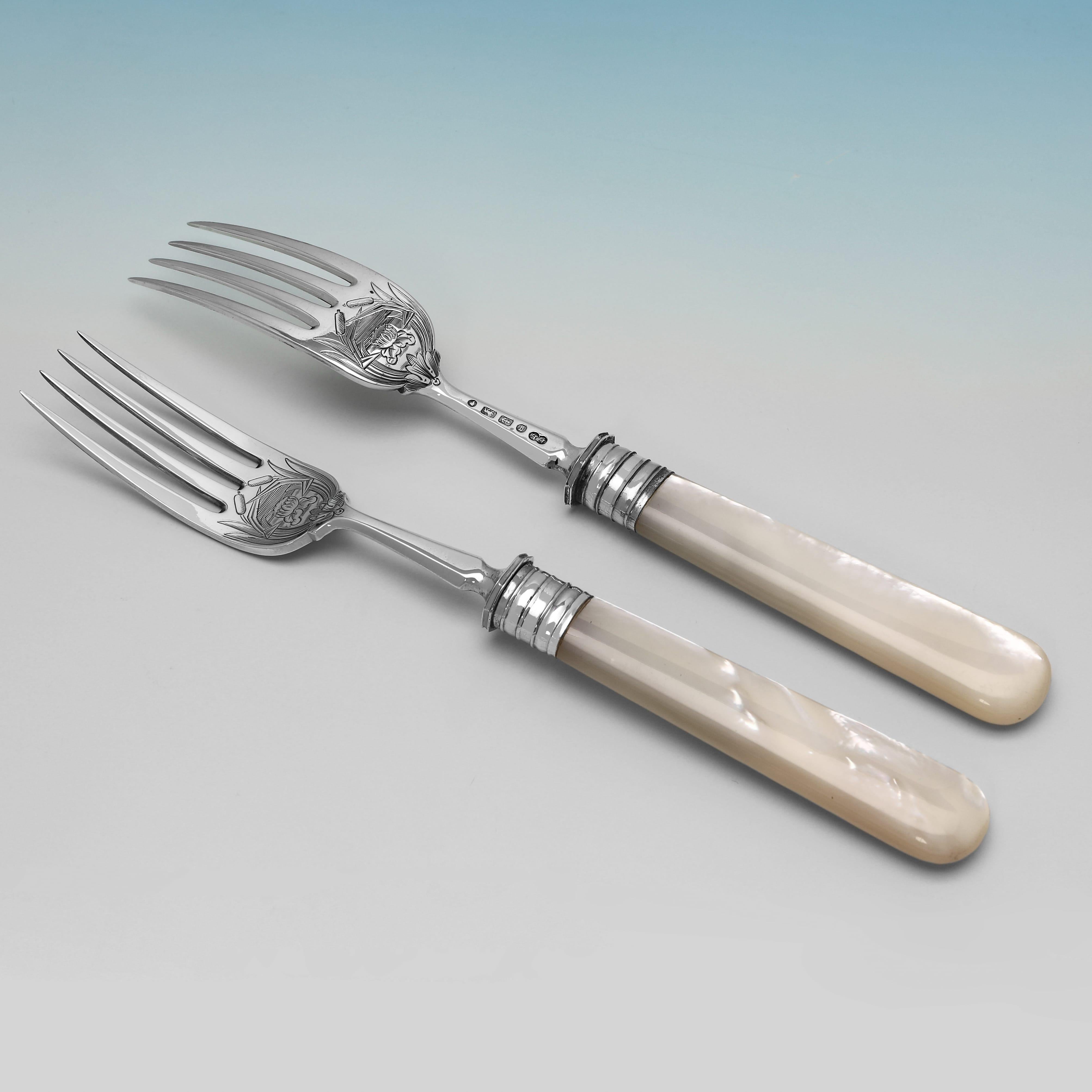 Victorian Stunning mother of pearl & sterling silver fish set and servers made in 1881 For Sale