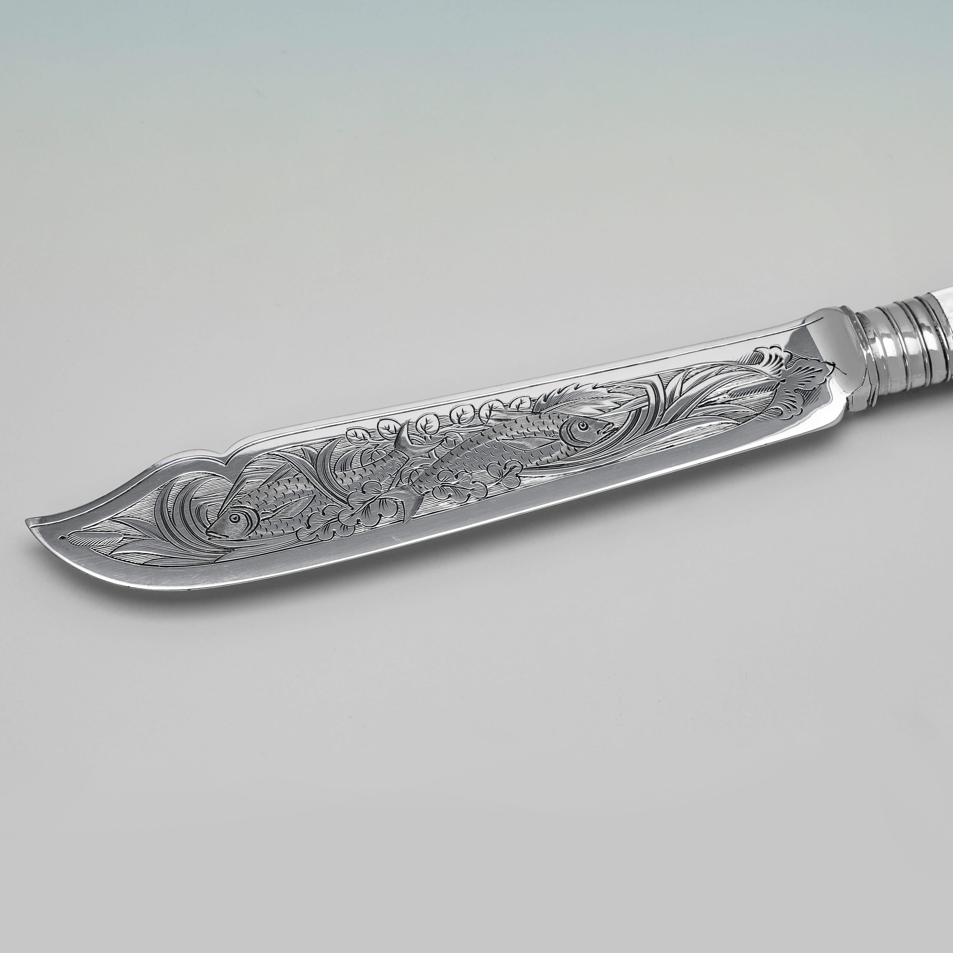 Late 19th Century Stunning mother of pearl & sterling silver fish set and servers made in 1881 For Sale
