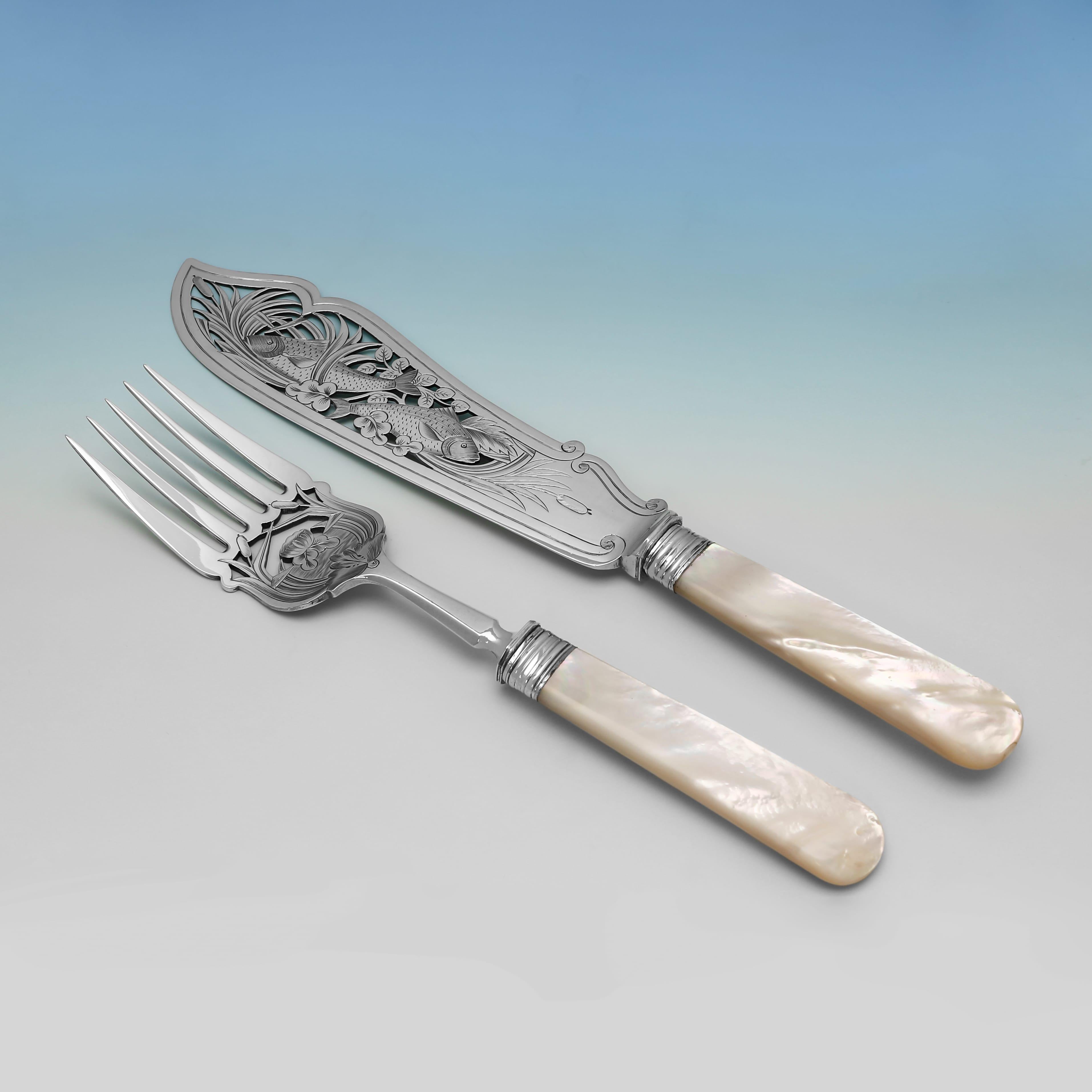 Sterling Silver Stunning mother of pearl & sterling silver fish set and servers made in 1881 For Sale