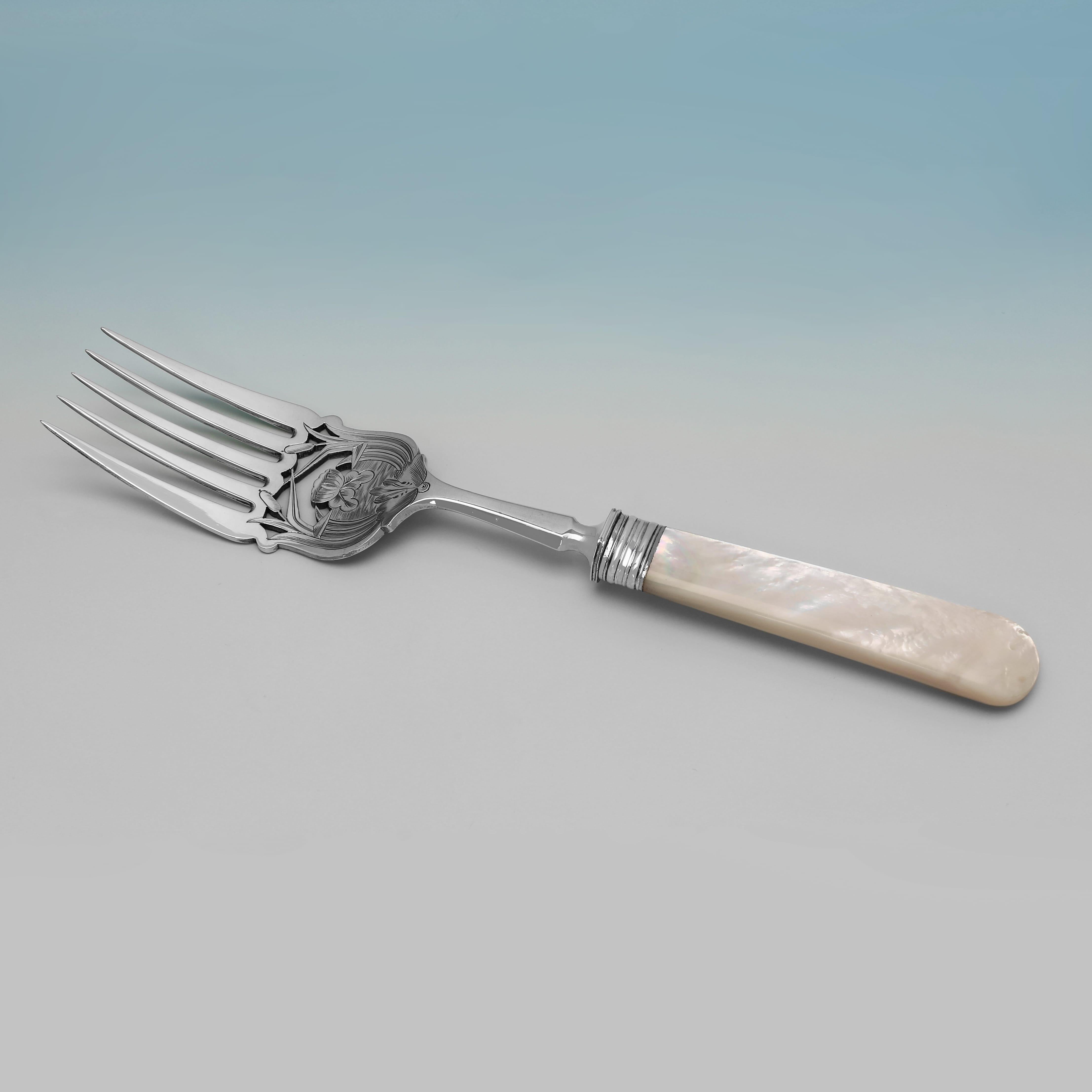 Stunning mother of pearl & sterling silver fish set and servers made in 1881 For Sale 1