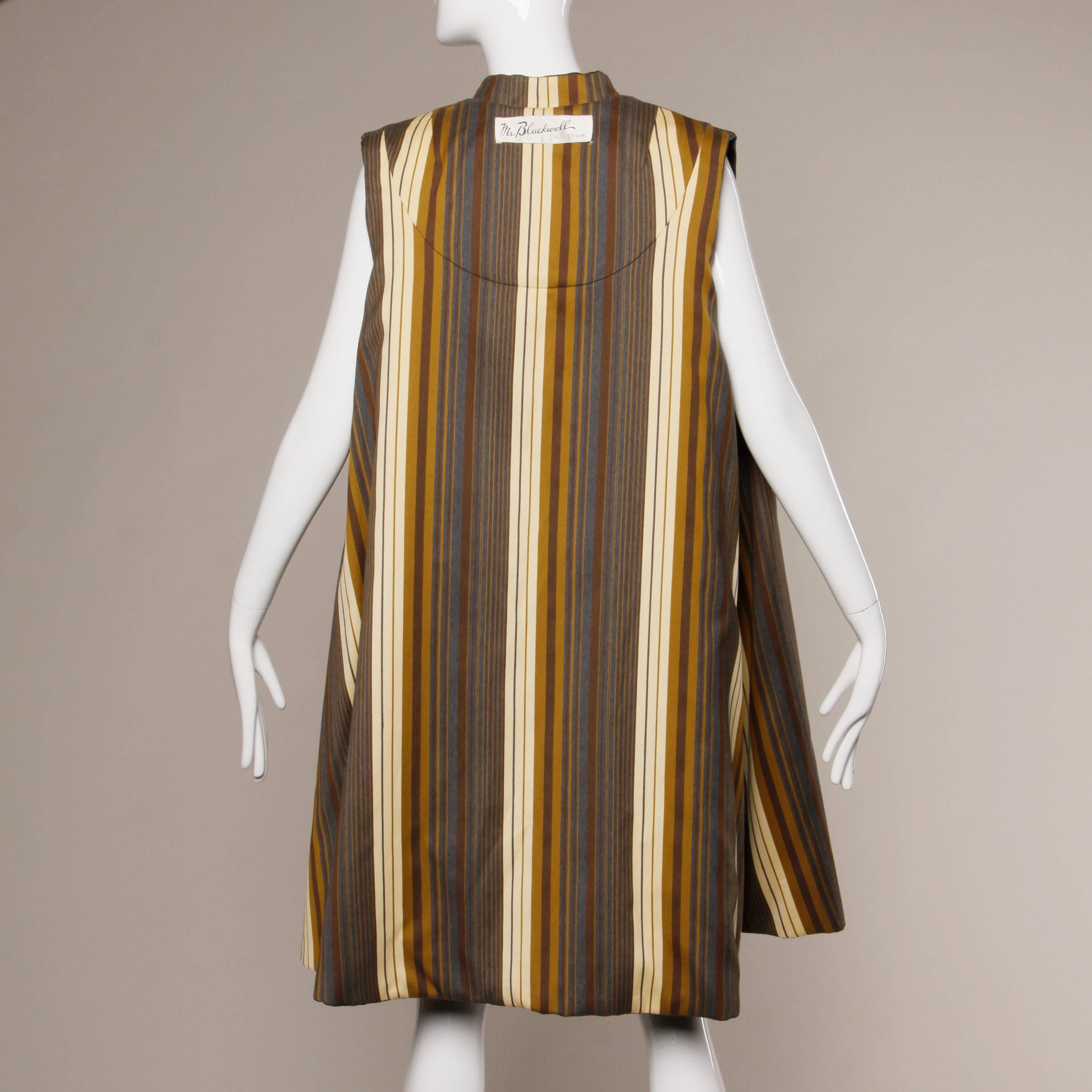 Women's Stunning Mr. Blackwell Vintage 1960s Wool + Silk Cape Coat with Striped Lining For Sale