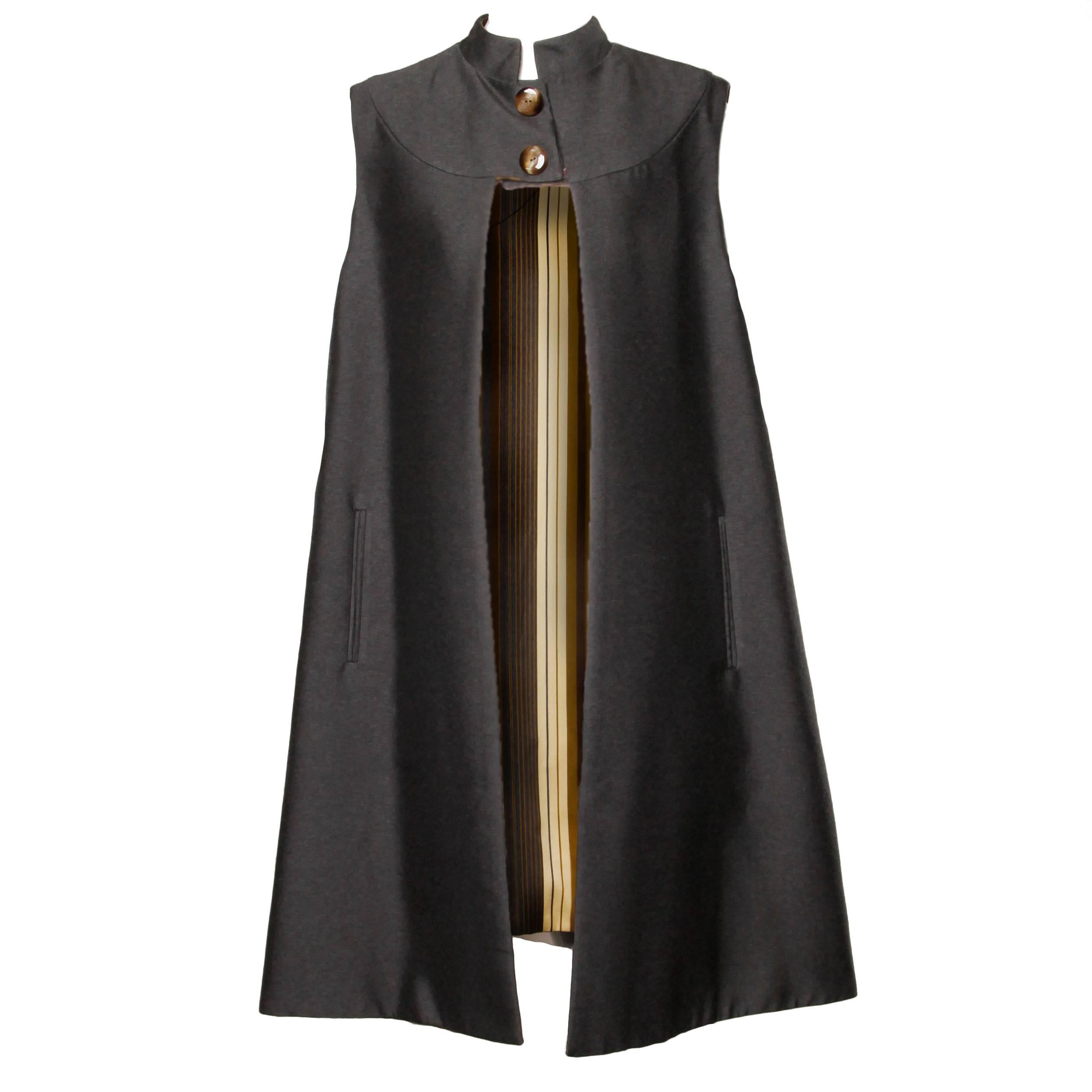 Stunning Mr. Blackwell Vintage 1960s Wool + Silk Cape Coat with Striped Lining For Sale