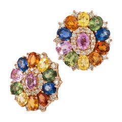 Stunning Multi Sapphire Pink Gold 18K Earrings Diamond For Her